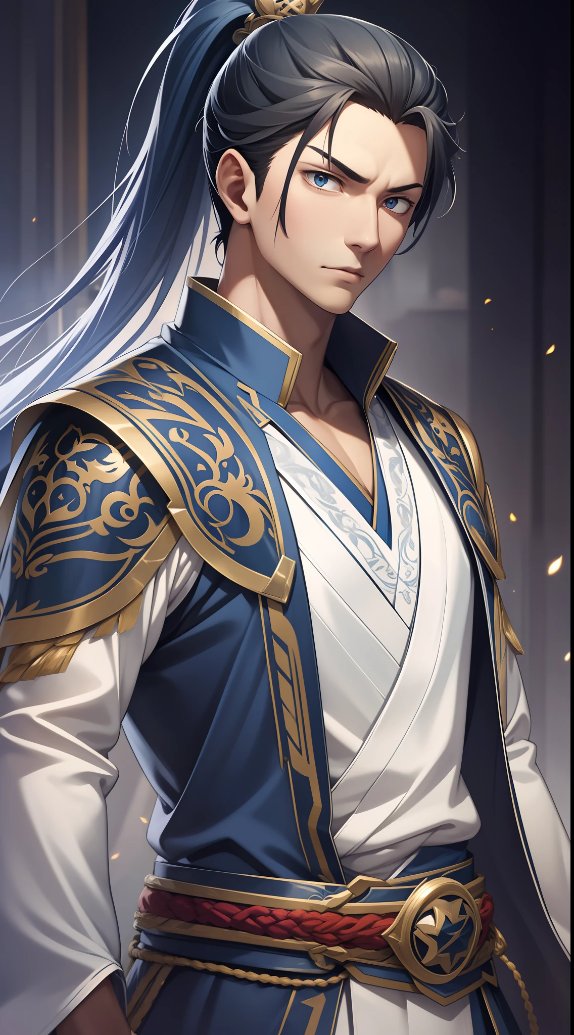 quadratic element,style of anime,mtu(Male Warrior),The proportions are correct,Face details,swordsmen,High ponytail hairstyle,Neck details,There is an Adam's apple,Blue suit,kaftan,long blue robes,clothes details,Handing over,longer sleeves,Game quality,Swordsmanship,Light and shadow tracking,Ray traching,detailed glow,cg render,hair detail,Blue long hair,blue colored eyes,Handsome,Handsome,(juvenile sense),Clothing is complicated,Perfectcomposition,Refinement,high qulity,higher details,Lots of details,The background is complex,a sense of atmosphere,