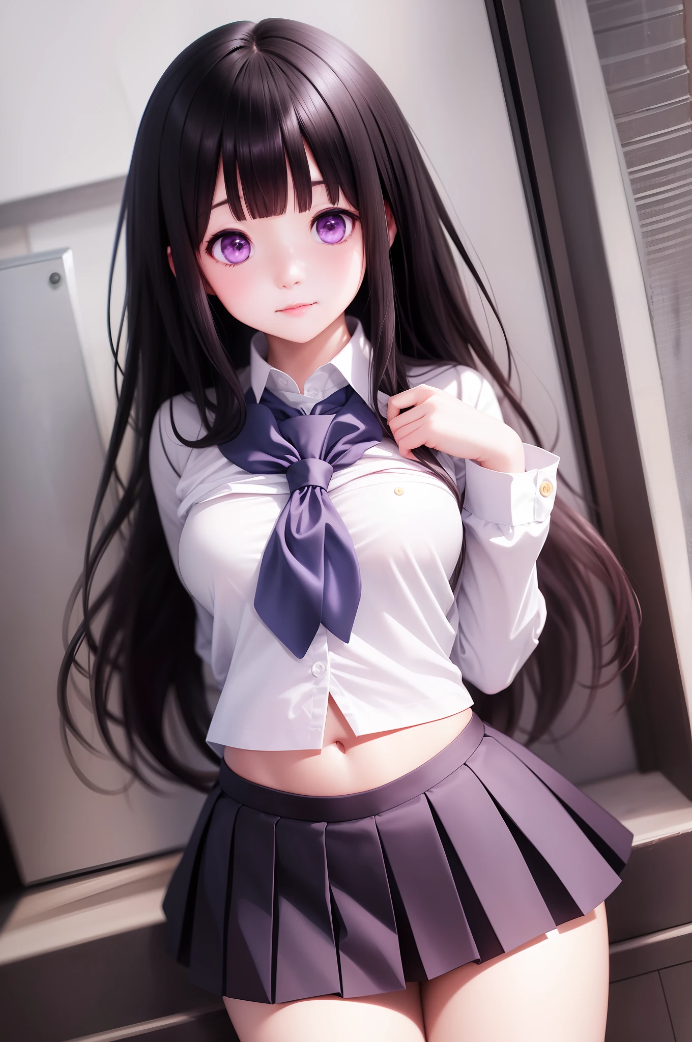 1girl, chitanda eru, long hair, black hair, school uniform, purple eyes, white shirt, white socks, pleated skirt, bangs, black sailor collar, neckerchief, black skirt, long sleeves, (shirt lift:1.2), navel, bra,
