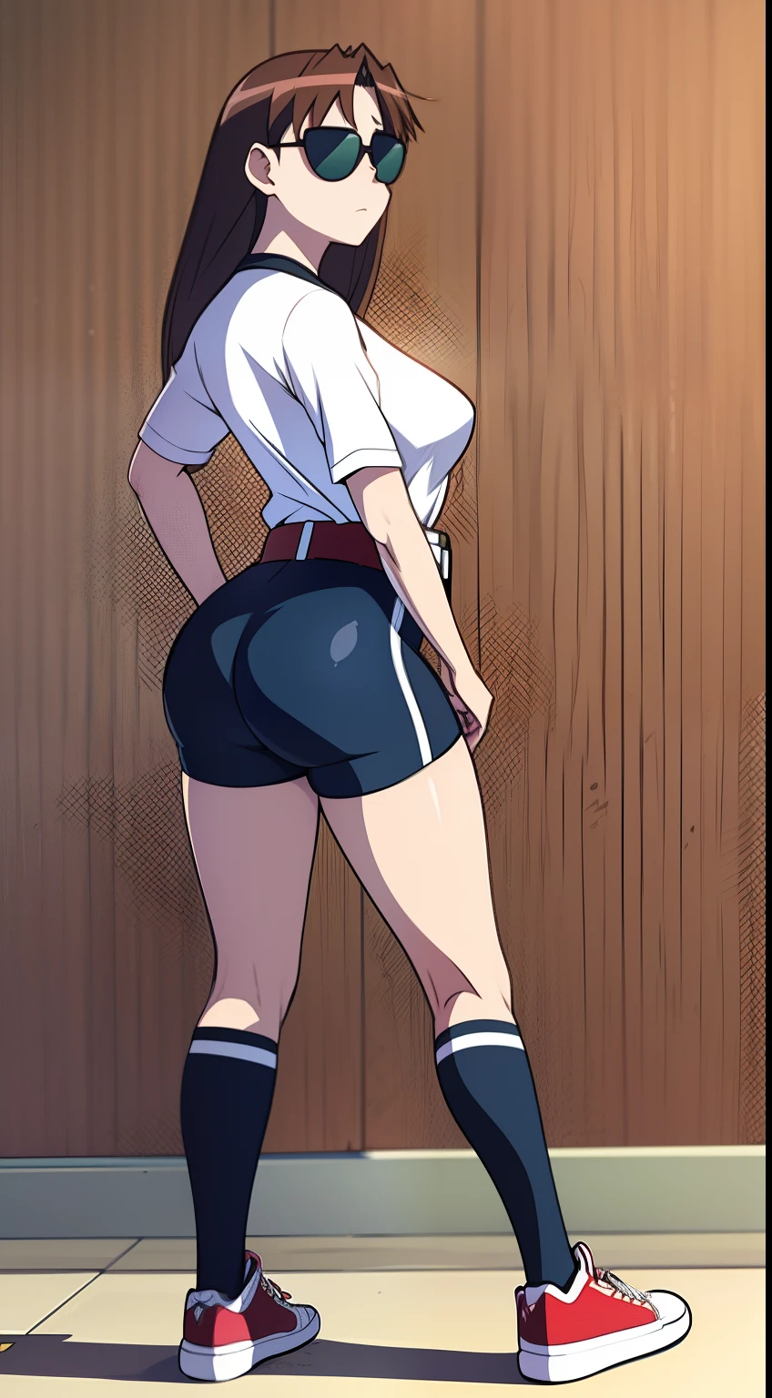 Teenager, Koyomi Mizuhara, Brown hair, long hair, round sunglasses, face, features, fit body, medium breasts, Tight shirt, red/white biker shorts, medium socks, sneakers, public background, view from behind, tight butt cheeks, skin tight, wallpaper, wedgie, standing, side portrait, belt, glance,