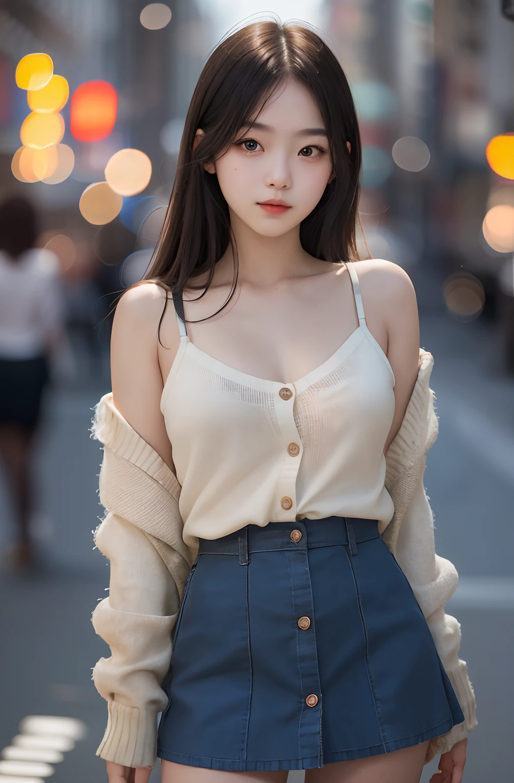 1girl, cute, 16 years old, seductive expression, While looking at the camera, spaghetti strap top, high waist short skirt, photo, realistic, best quality, hires, detailed face, detailed background, diffused lighting, depth of field, bokeh, cardigan