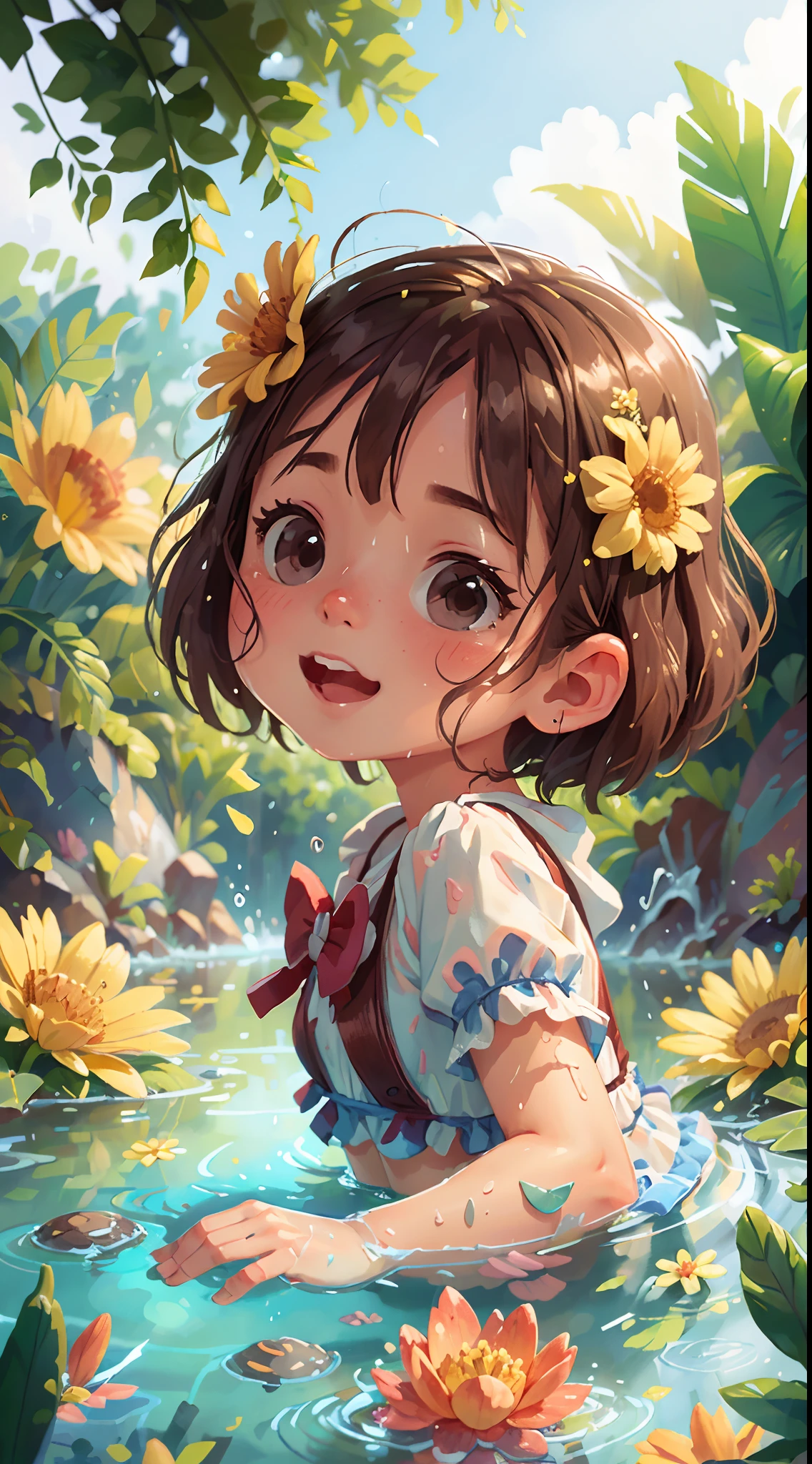 Girl, Water Play, Summer, Happy, Flower, Perfect Quality, Clear Focus (Clutter - Home: 0.8), (Masterpiece: 1.2) (Realistic: 1.2) (Bokeh) (Best Quality) (Detailed skin: 1.3) (Intricate Details) (8K) (Detail Eye) (Sharp Focus), (Happy)