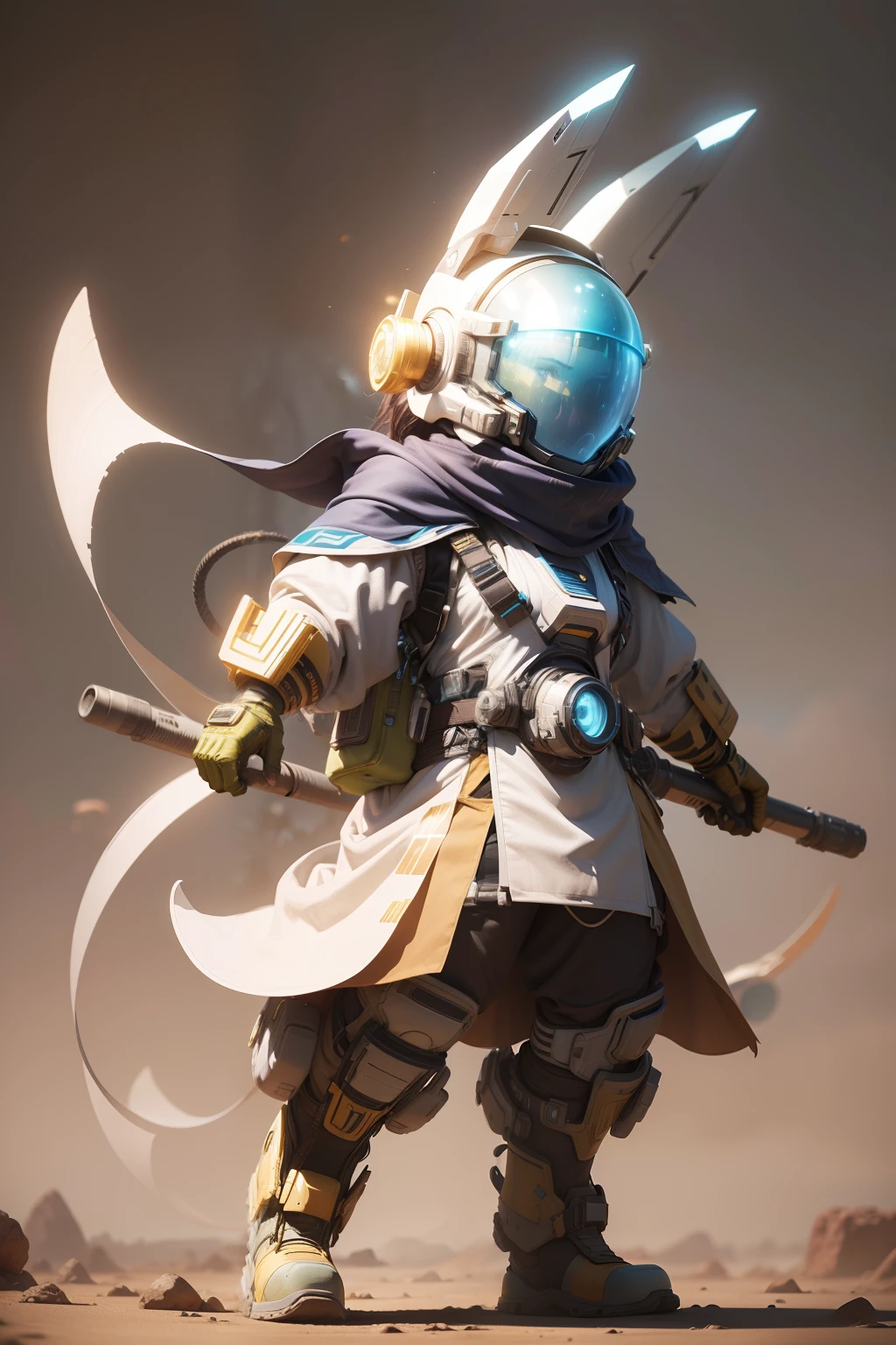 a vibrant cinematic full body photo of a female adventure in the jungle, octane render, high quality ultra future blue an gold space combat visor up, alien planet background