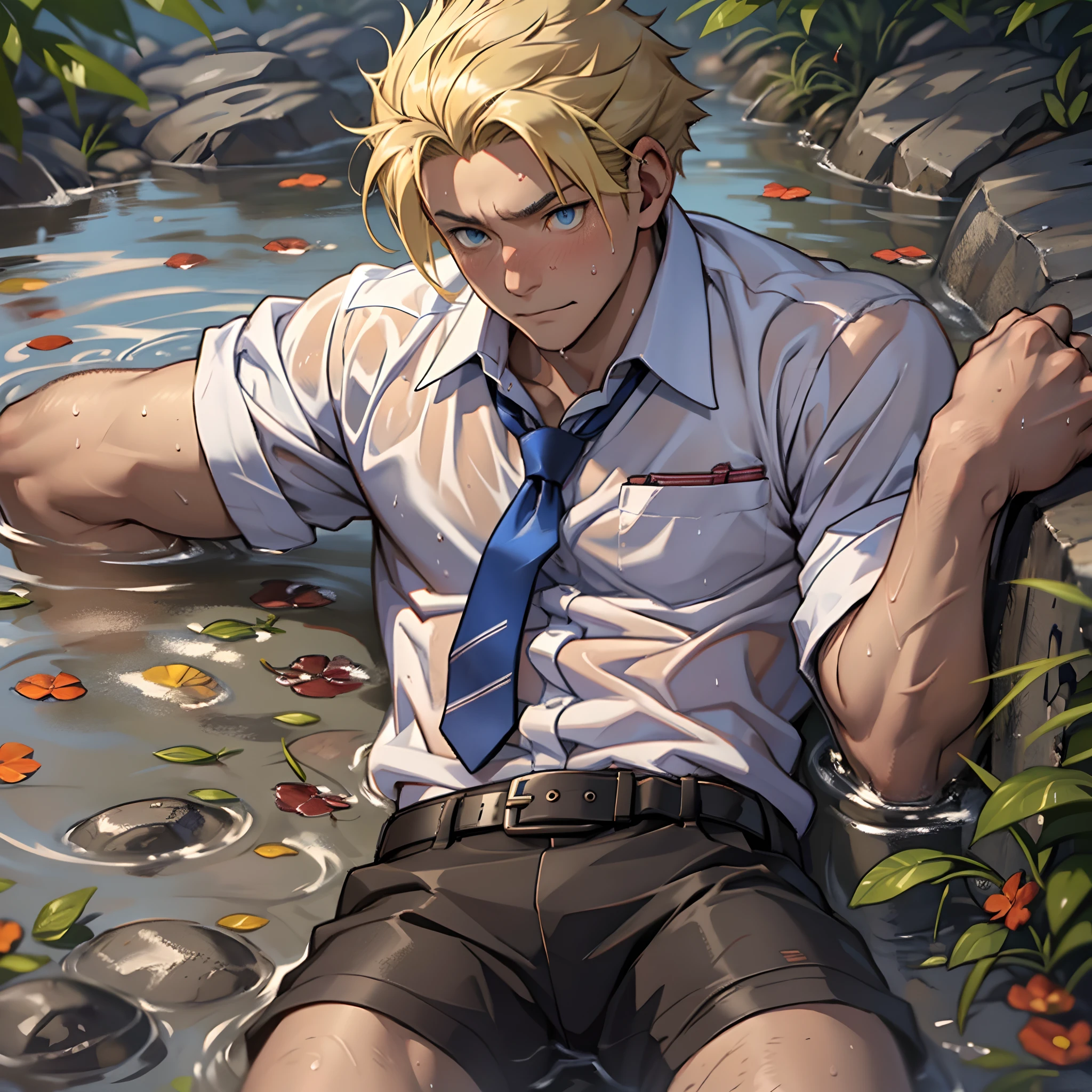 (1 Adult male),A high resolution, Sharp focus, Pixiv masterpiece, ((Complicated details)), highly detailed, natsuki_subaru, 1 man,Lying in the mud, Lazy,full bodyesbian, blue color eyes(eyes glowing), Short yellow hair,white shirt,Wear a tie,Wear a belt,perspire,rain,Drenched,Sweaty crotch,look from down