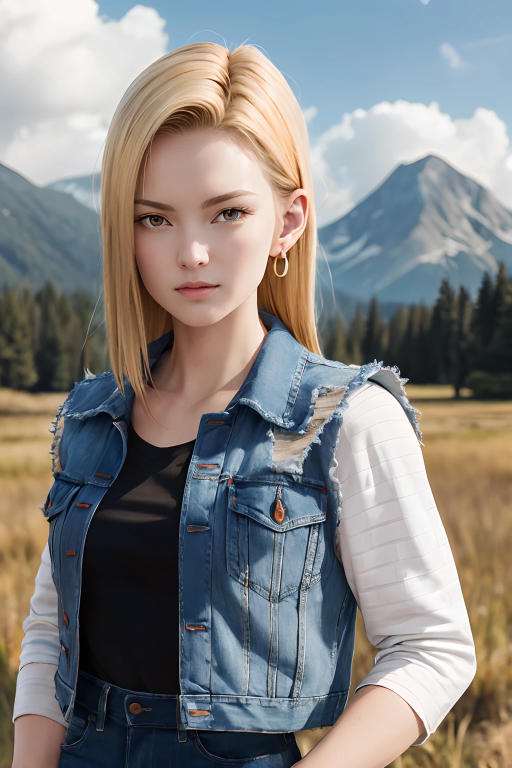 masterpiece, (photorealistic:1.4), best quality, beautiful lighting, Android18DB, solo, earrings, jewelry, looking_at_viewer, jacket, denim, shirt, upper_body, vest, denim_jacket, cloud, sky, black_shirt, closed_mouth, day, blue_sky, outdoors, torn_clothes, striped, striped_sleeves, mountain, RAW photo, 8k uhd, film grain,