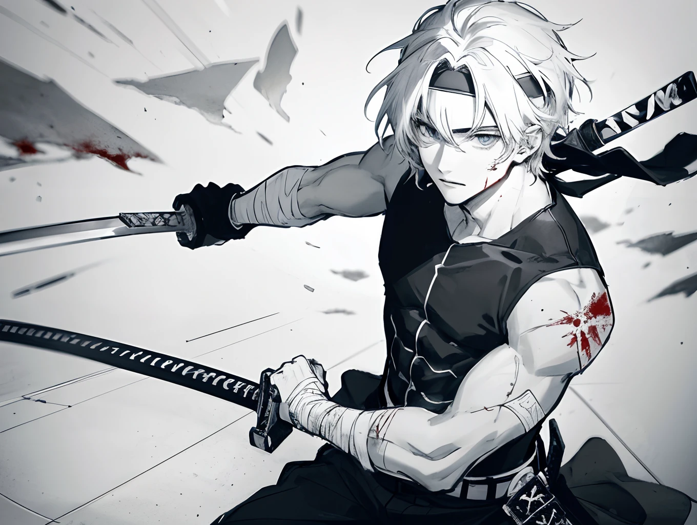 Boy, 25 years old, manga creator, anime, six pack abs, his body with full of scratches, blue eyes, Waring a headband, His body is full of blood and wounds, holding a Katana, damaged skin, scabbard, bandages, ready_to_draw, fighting pose, movie composition, deth of field, bokeh, sketch