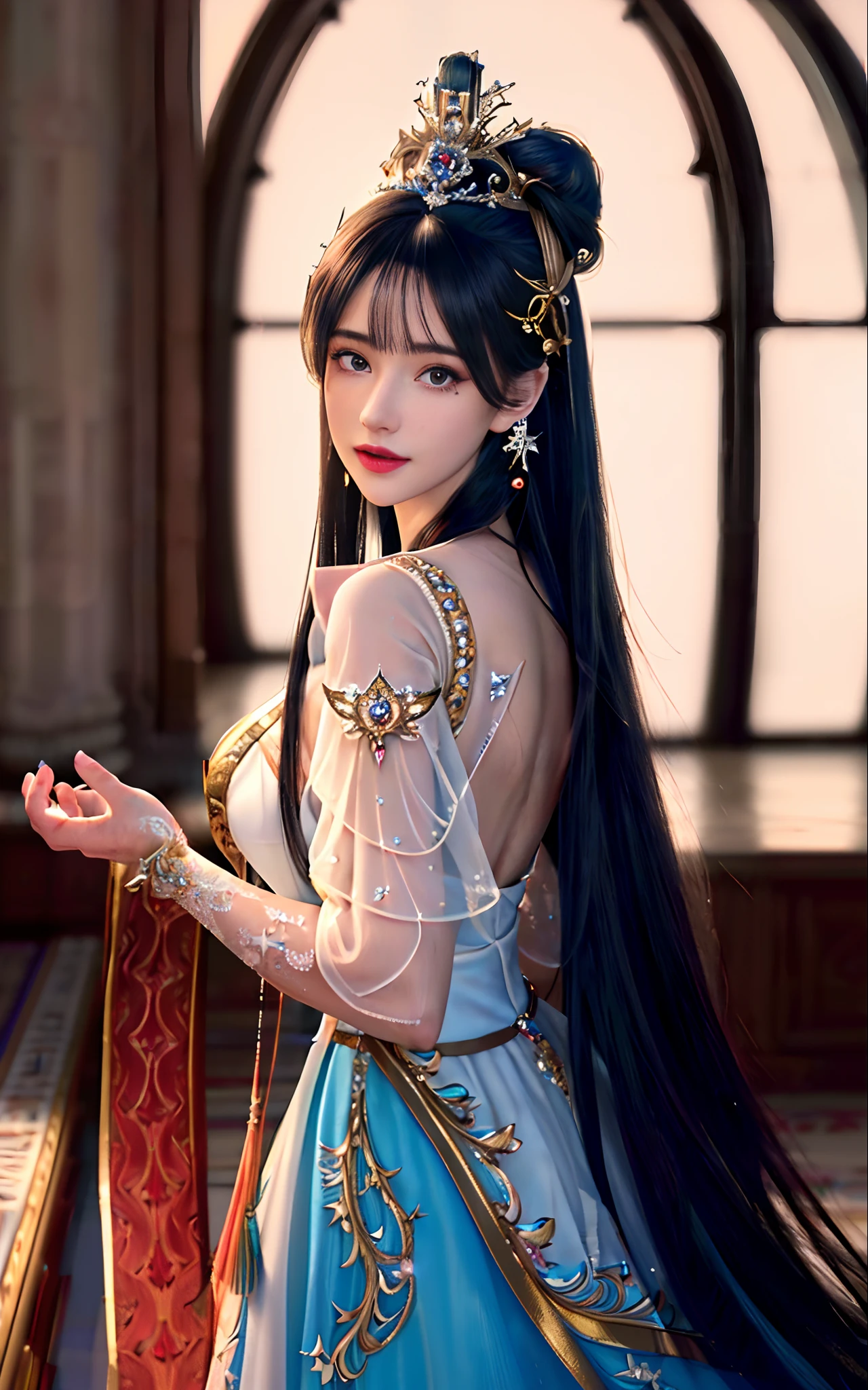 ((realisticity: 1.2)), ((realistic: 8K UHD)), ((best resolution: 8K UHD)), hyper detailed, best quality,masterpiece,highres,cg,
((1 hyper detailed and hyper realistic girl)), ((very beautiful queen dazzling, hyper realistic, and hyper detailed)),((white skin, beautiful, smooth, youthful, hyper realistic and hyper detailed
)), ((Hyper beautiful face, white, hyper realistic and hyper detailed)), long hair, ((hyper realistic and hyper detailed dress)), solo, ((hyper realistic, hyper beautiful, gorgeous and hyper detailed jewelry)), ((hyper beautiful, hyper realistic and hyper detailed dark red and golden yellow dress)),
((Hyper beautiful, hyper realistic, hyper detailed diamond filled earrings)),
((Hyper beautiful, hyper realistic and hyper detailed diamond filled hair ornament)), ((hyper beautiful upper body, hyper beautiful, hyper
realistic and hyper detailed)), ((big breasts: 2.5)),
((Hyper grand, hyper realistic and hyper detailed royal palace backgroun))
((Hyper beautiful, hyper beautiful, hyper realistic and hyper detailed hair bun)), ((hyper realistic and hyper detailed fingers and palms)), ((hyper beautiful, hyper realistic and hyper detailed blue hair)),
candid, Photograph, high resolution, 8k,Bokeh,