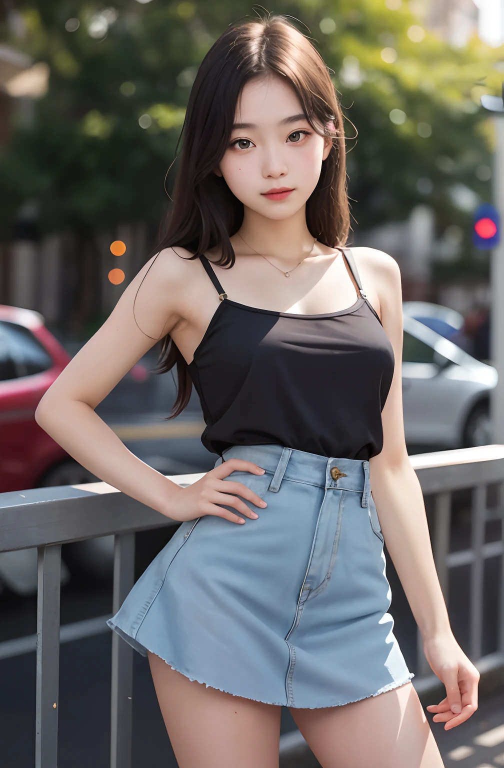 1girl, cute, , seductive expression, While looking at the camera, spaghetti strap top, high waist short skirt, photo, realistic, best quality, hires, detailed face, detailed background, diffused lighting, depth of field, bokeh,