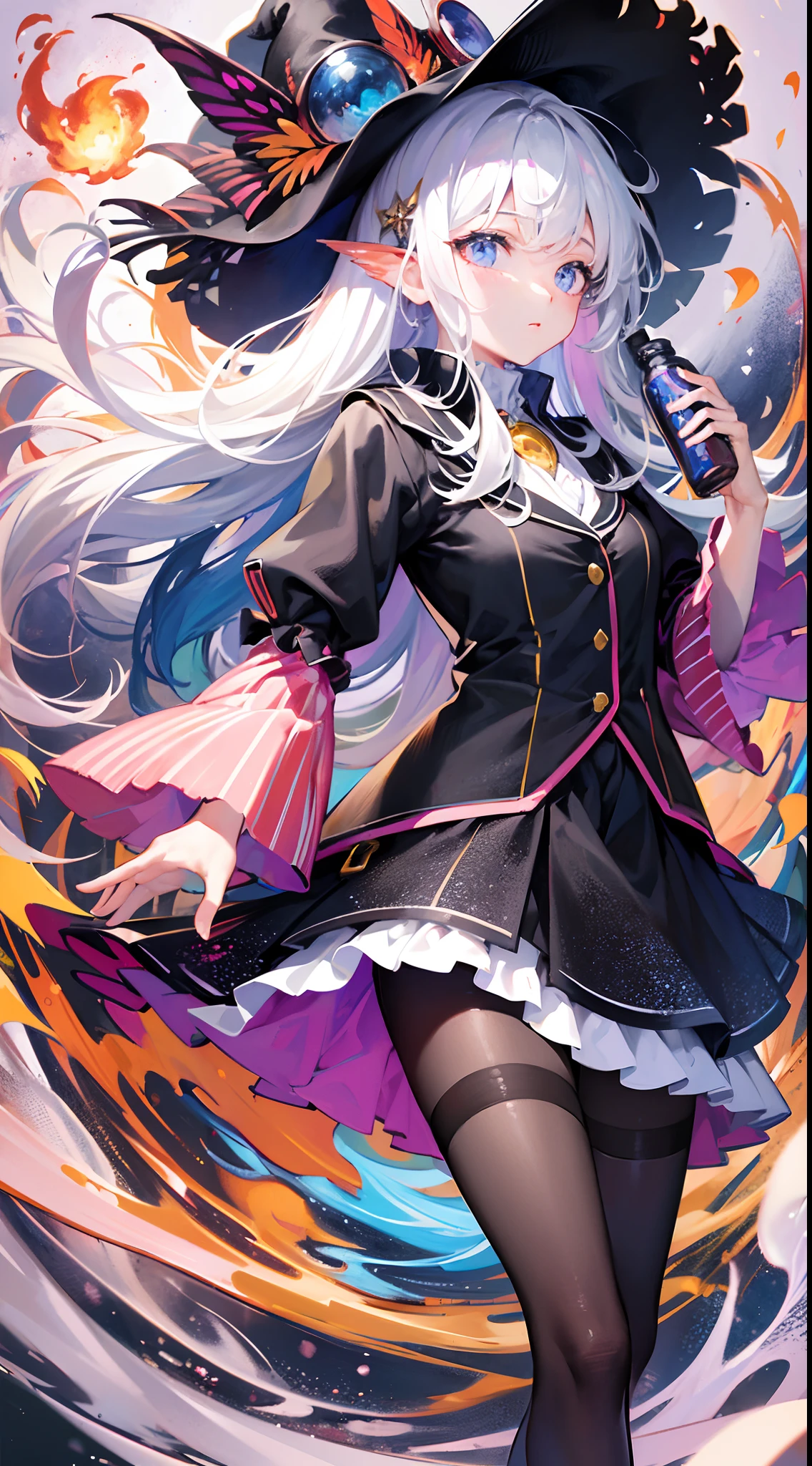 [(white background:1.5)::5], (imid shot:0.95), (full body:1.25), Dynamic angle, [Bottle bottom],(fisheye:1.4), (falt color:1.3),colorful,(masterpiece:1,2), best quality,extremely detailed cg 8k wallpaper,best quality, masterpiece, highres, original, extremely detailed wallpaper
,girl,upper body,(depth of field),(looking away), delicate eyes,(colorful hair),sea,dynamic_angle,
floating colorful wind,floating colorful fire，（black pantyhose），（white hair），witch