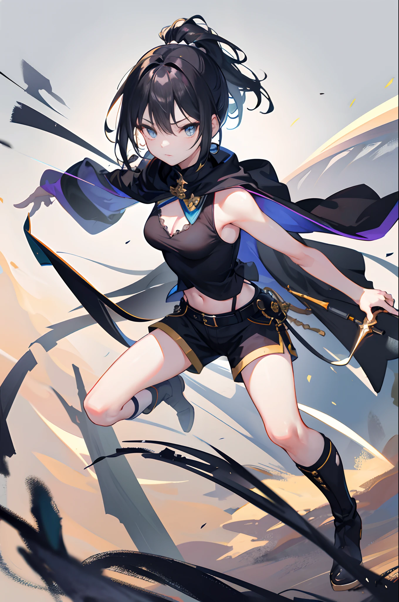 Works of masters,8K分辨率,depth of fields,Faraway view,Full body shot,Full Body Photo,(exquisite facial features),s the perfect face,Glowing skin,Kizi,young 17 years old,Blue pupil,Black single ponytail,c cup,White V-neck vest,Open navel,long black cape,Black fluff shorts,Brown boots,holding a longsword,Combat posture,Unleash magic,Brave Girl