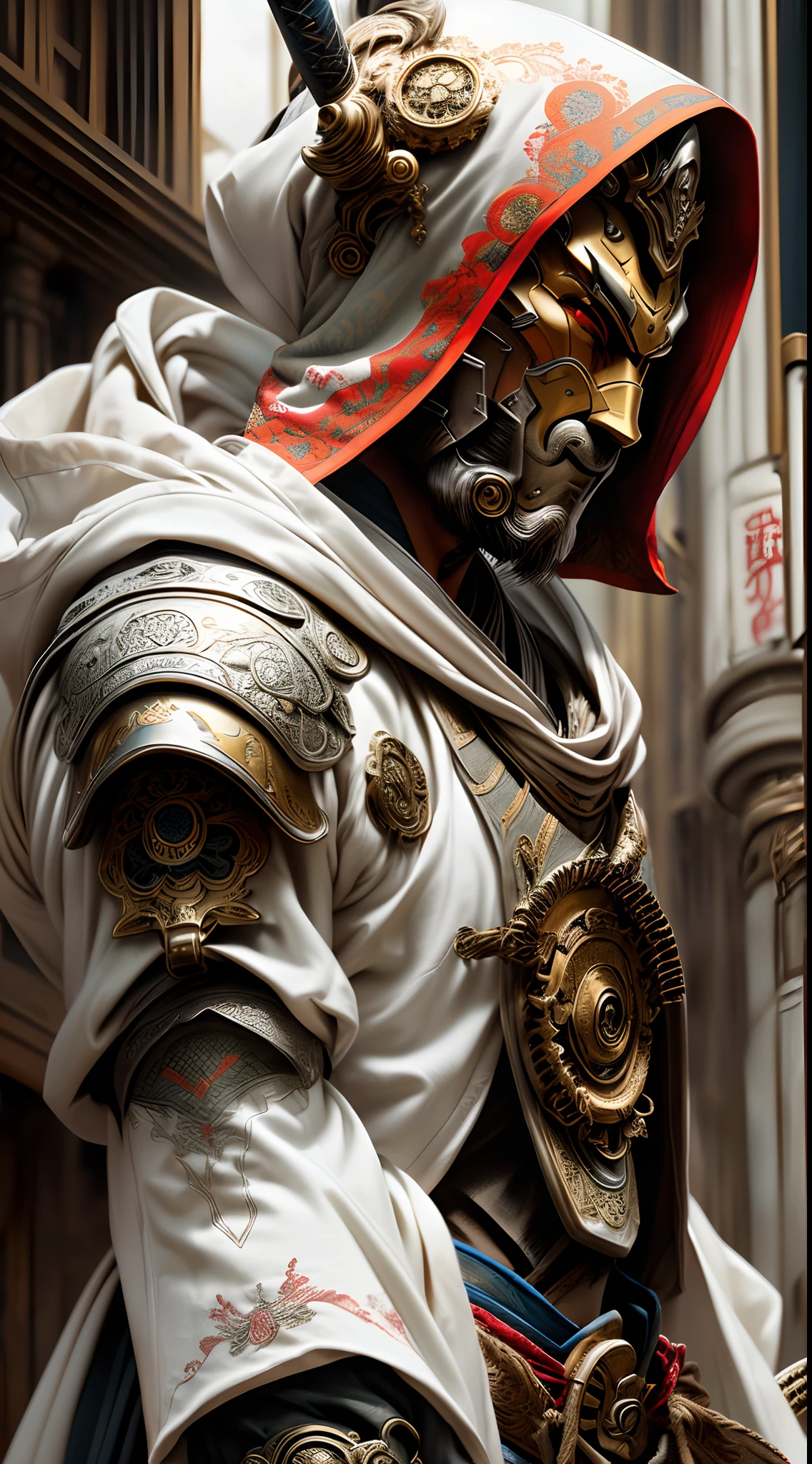 A futuristic samurai knight in white armor and oriental fabric clothing, hood and gears