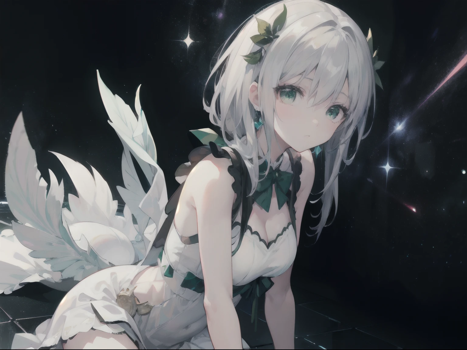 anime beautiful girl ,silver white short sharp hair, wearing white dress, ancient greek dress, athena greek dress, black sky, virtual space black background with white net as floor, dark and gloomy, emerald green eyes, high res, ultrasharp, 8K, masterpiece,tired eyes, semi realistic,artwork in the style of guweiz