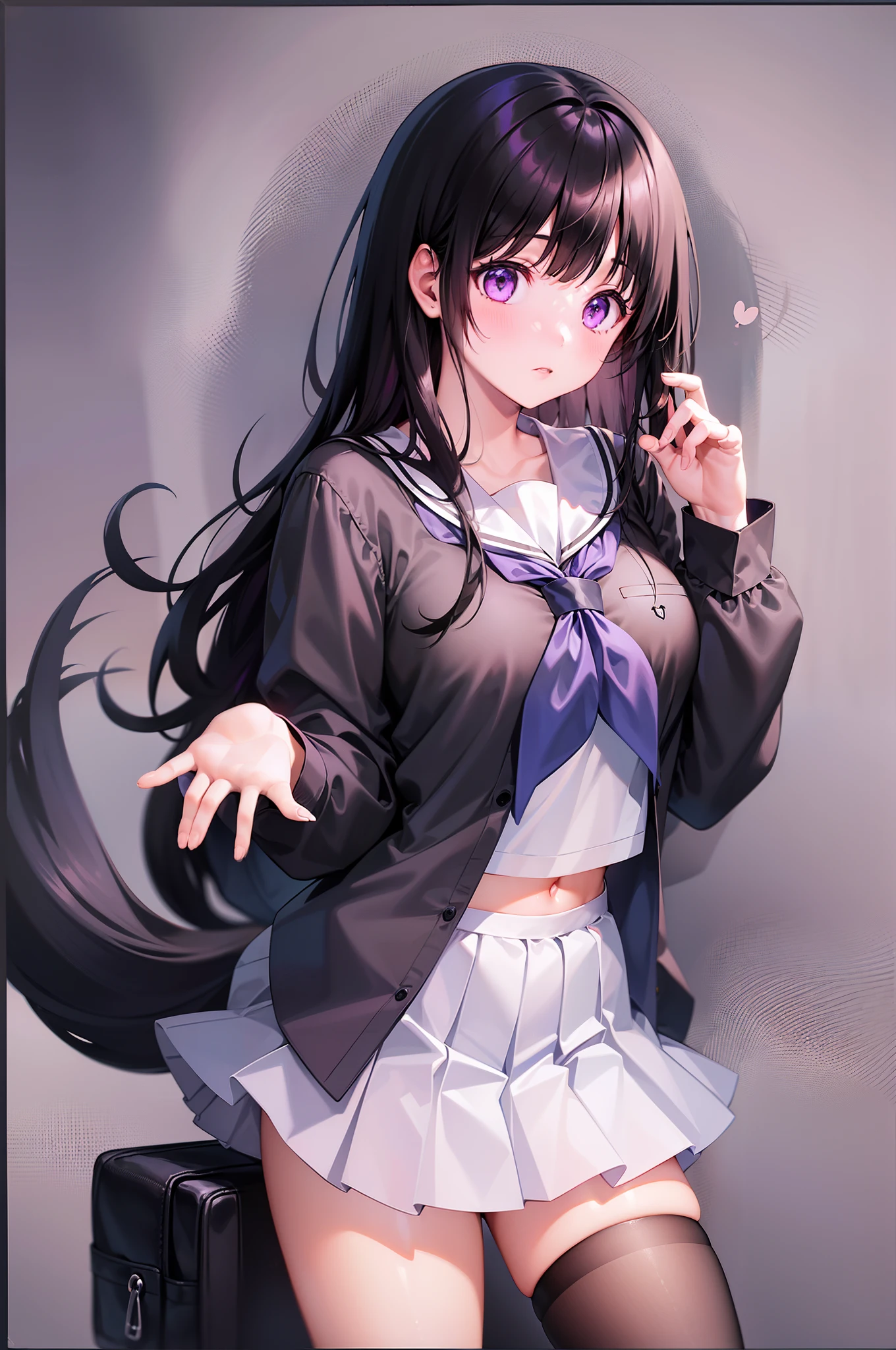 1girl, chitanda eru, long hair, black hair, school uniform, purple eyes, white shirt, white socks, pleated skirt, bangs, black sailor collar, neckerchief, black skirt, long sleeves, (shirt lift:1.2), navel, bra,