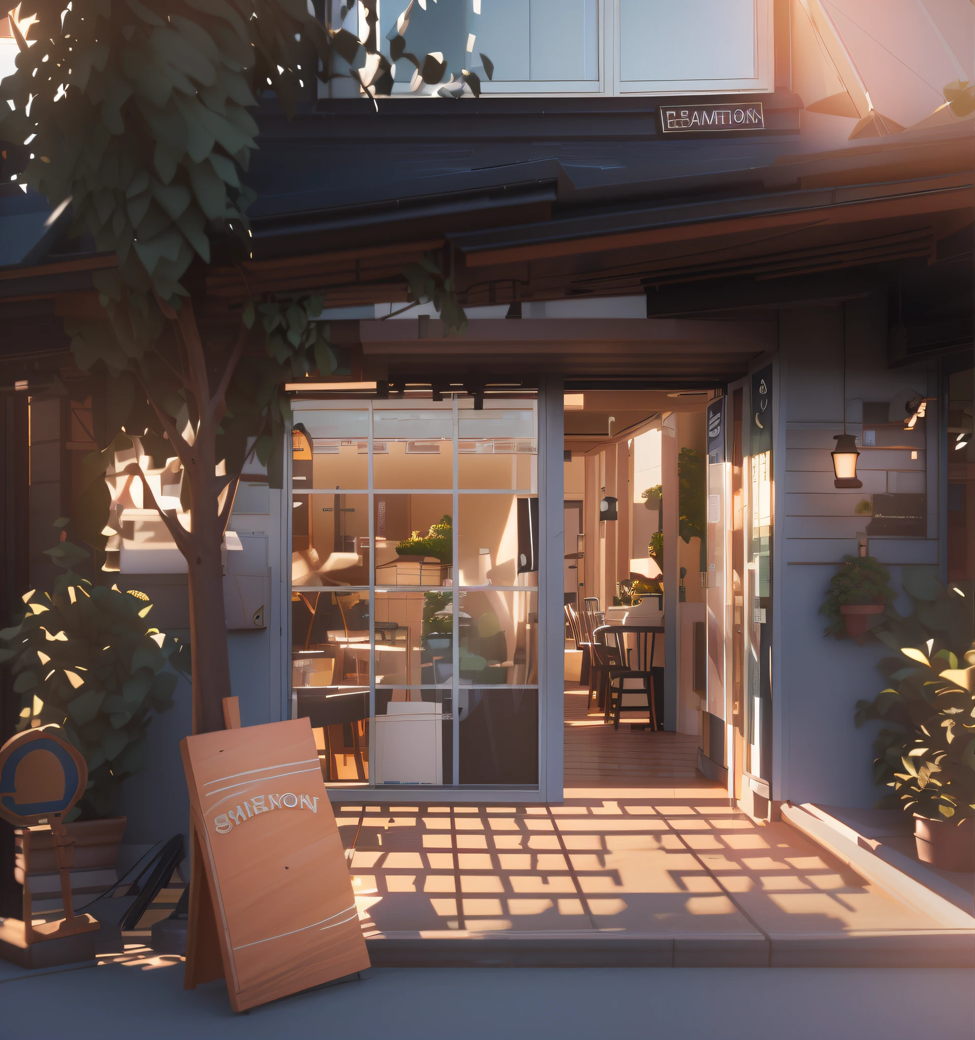 Restaurant entrance with signs and signs, high detailed store, Realistic afternoon lighting, rendering by octane. By Makoto Shinkai, Rendered in Lumion, Rendered in Lumion Pro, photorealistic render in octane, cozy cafe background, realistic 3 d style, rendered in corona, daily render, photorealistic cinematic render, daylight made in blender