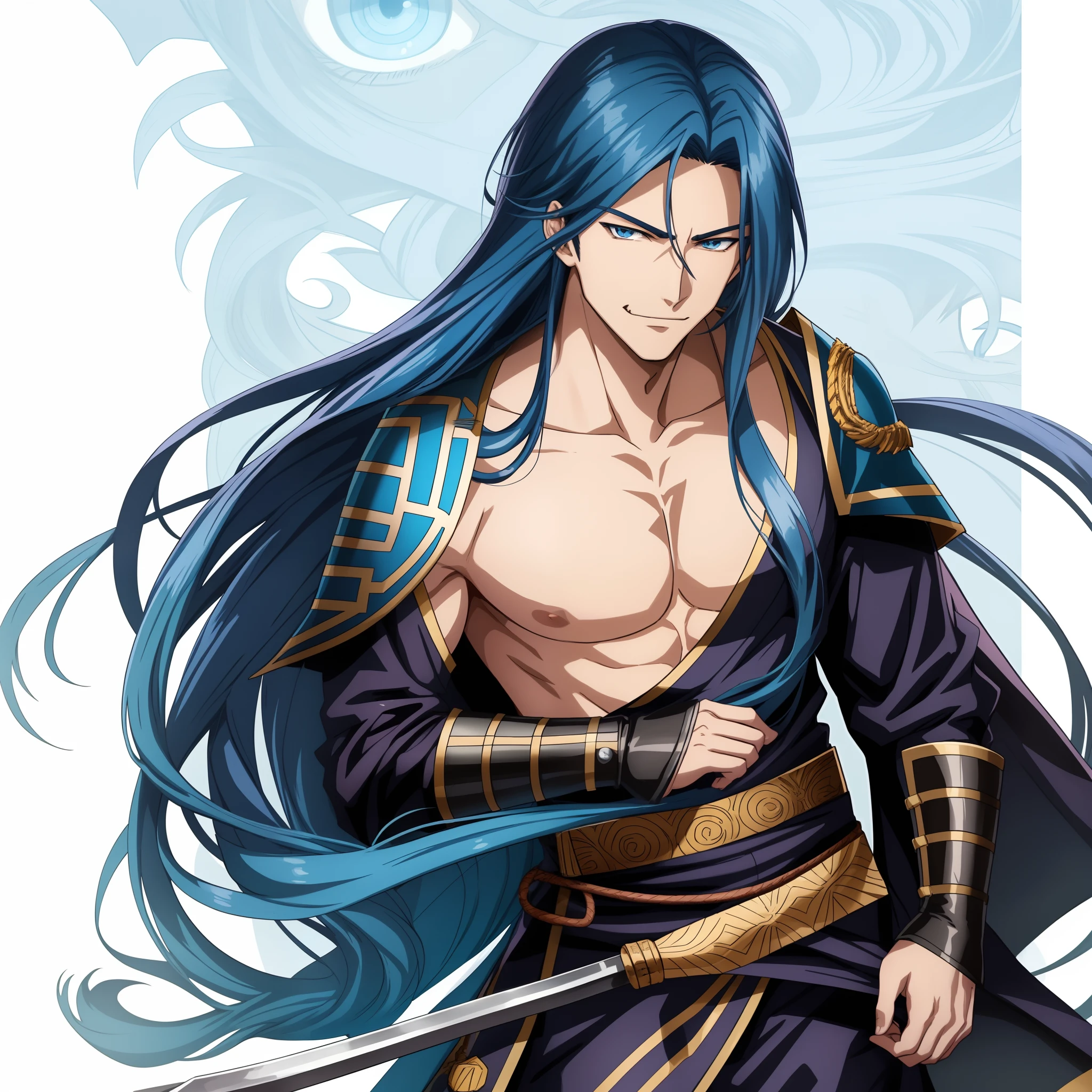 a close up of a person with long hair and blue hair, handsome guy in demon slayer art, anime handsome man, roguish smirk, anime portrait of a handsome man, nefarious smirk, sylas, wry smirk, anime tribal boy with long hair, masamune shiro, kentaro miura manga art style, handsome japanese demon boy
