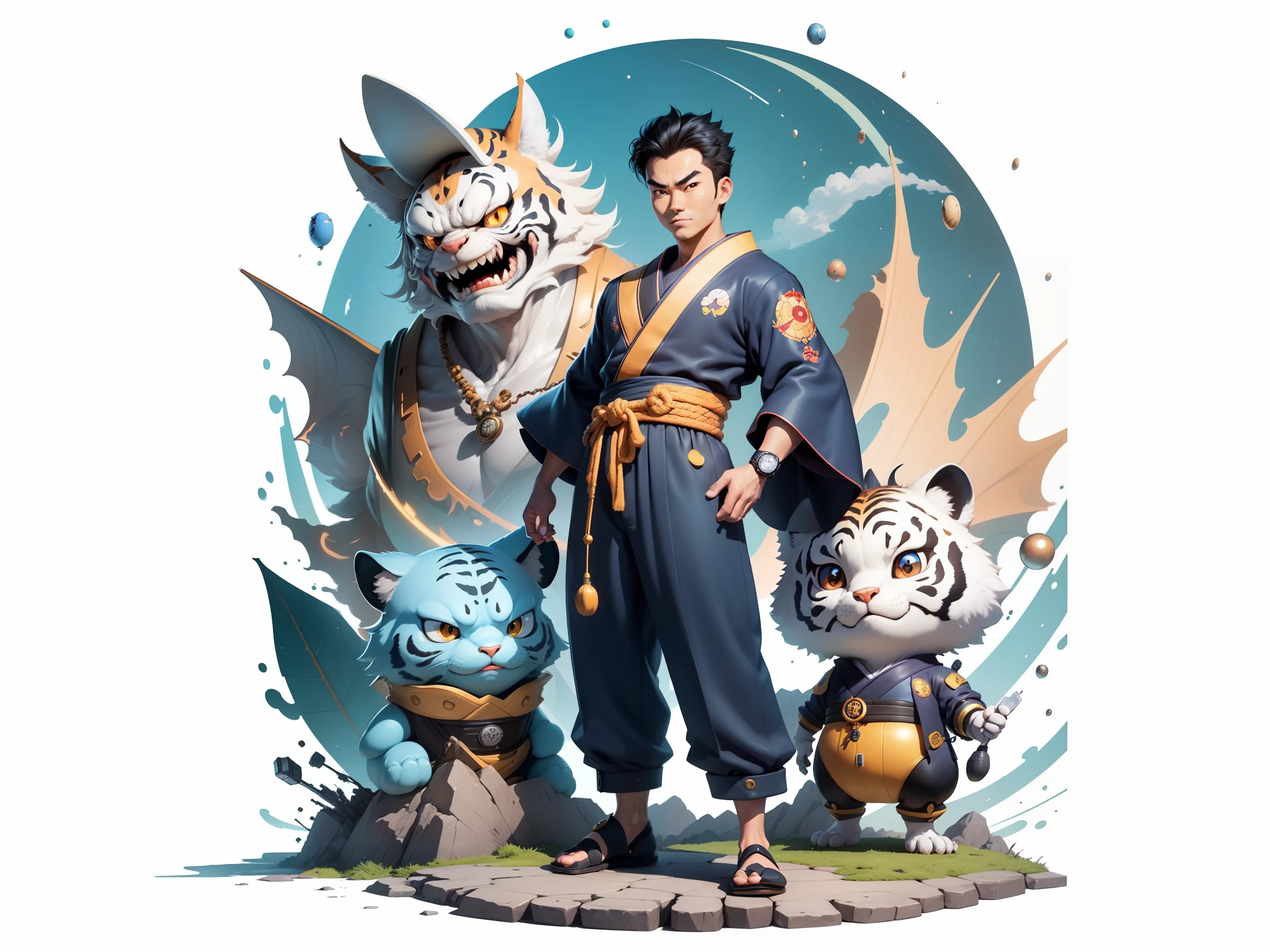 (Masterpiece), (Excellent), (Super Meticulous), (Full Body: 1.2), Super Young Man, Oriental Face, Japanese Kimono, Japanese Wind Thunder God, Dragon, Tiger, TV Anchor, Bust Portrait Illustration, Alone, Black Suit, Blue Tie, Slightly Chubby Face, Very Clean Face, No Beard, Black Super Short Hair, Black Eyes, Confident Smile, 3c Computer Sub-Products, iPad, iPhone, Digital Painting, 3D Character Design by Akira Toriyama and Mark Claireden and Pixar and Hayao Miyazaki, The illustration is a high-definition illustration in 4K resolution with very detailed facial features and cartoon-style visuals.
