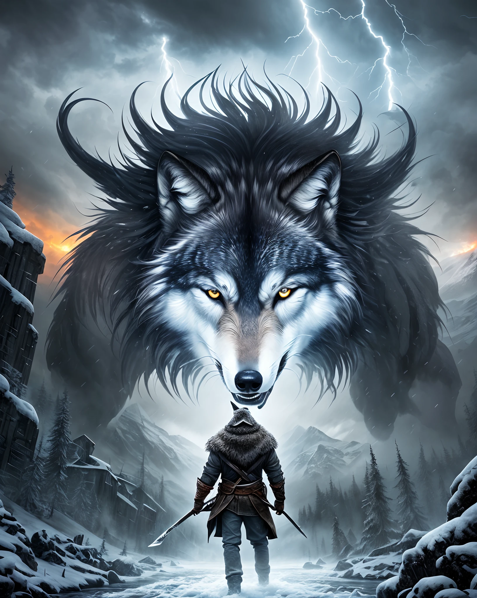 Wolf God, surreal, tense, cold, highly detailed, sharp, professional, 8k UHD, movie, dark, violent, outdoor, river, battle, chase, dramatic, vivid, tense atmosphere, rendering, epic, twilight, HDR, album cover, blizzard, lightning, disaster --s2