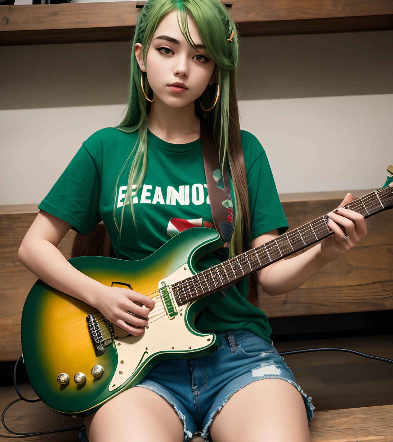 masterpiece, high quality, best quality, 1girl, green hair, hairpin, brown shirt, playing electric guitar, sitting, cross leg, short jeans