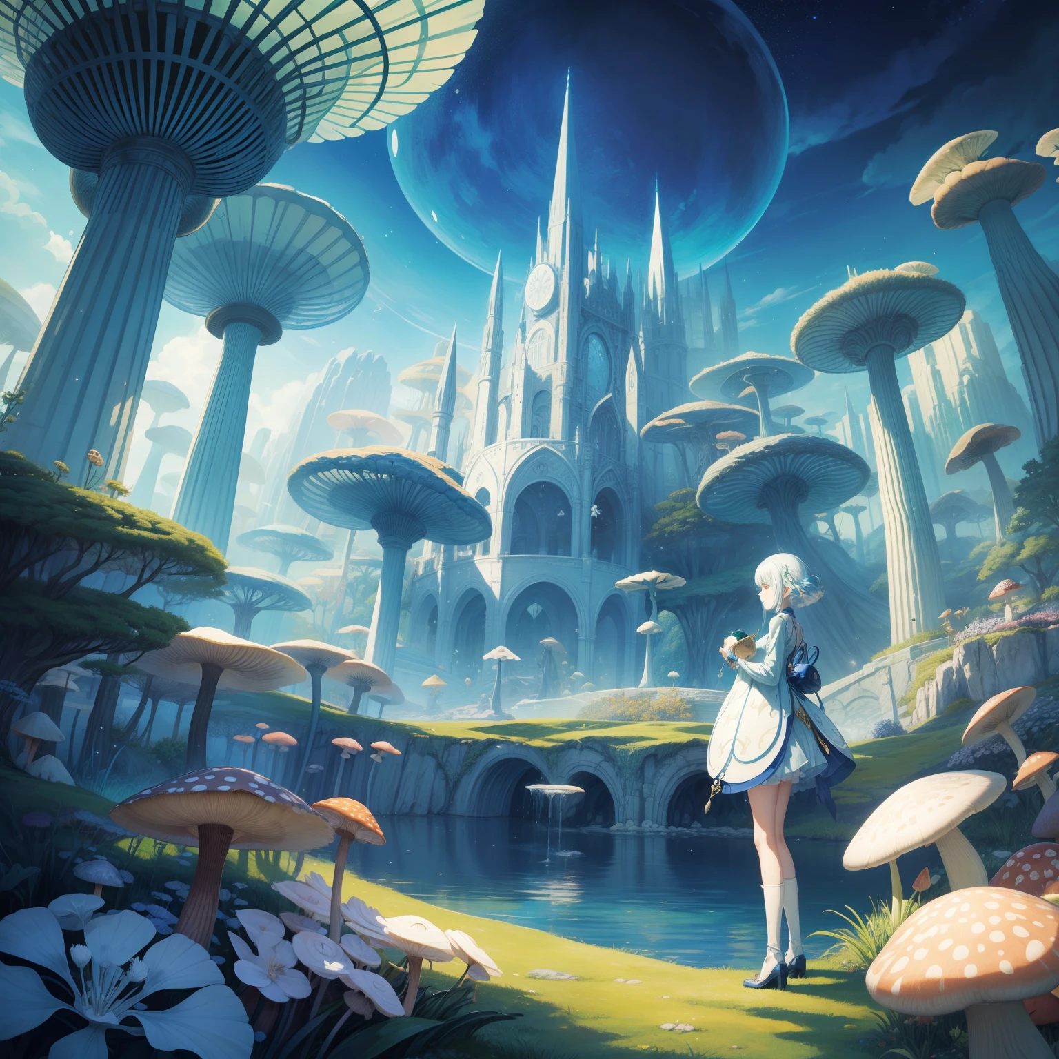 Kay Nielsen Anime　wondrous　strange　Whimsical　surreal　absurderes　fanciful　Sci-Fi Fantasy　This is an event in a dream? No that's not right、After all......、Fossils of ground dragons, bird nuts, mushroom gardens ... I remember it all.。The bursting sound of bubbles of light blue carbonated water that still continues even after waking up from sleep、Inviting me into another dimension again