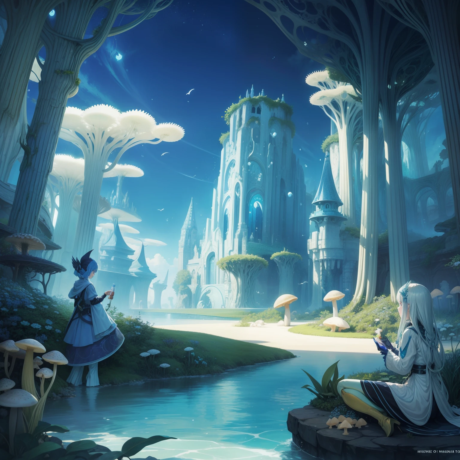 Kay Nielsen Anime wondrous strange Whimsical surreal absurderes fanciful Sci-Fi Fantasy This is an event in a dream? No that's not right、After all......、Fossils of ground dragons, bird nuts, mushroom gardens ... I remember it all.。The bursting sound of bubbles of light blue carbonated water that still continues even after waking up from sleep、Inviting me into another dimension again