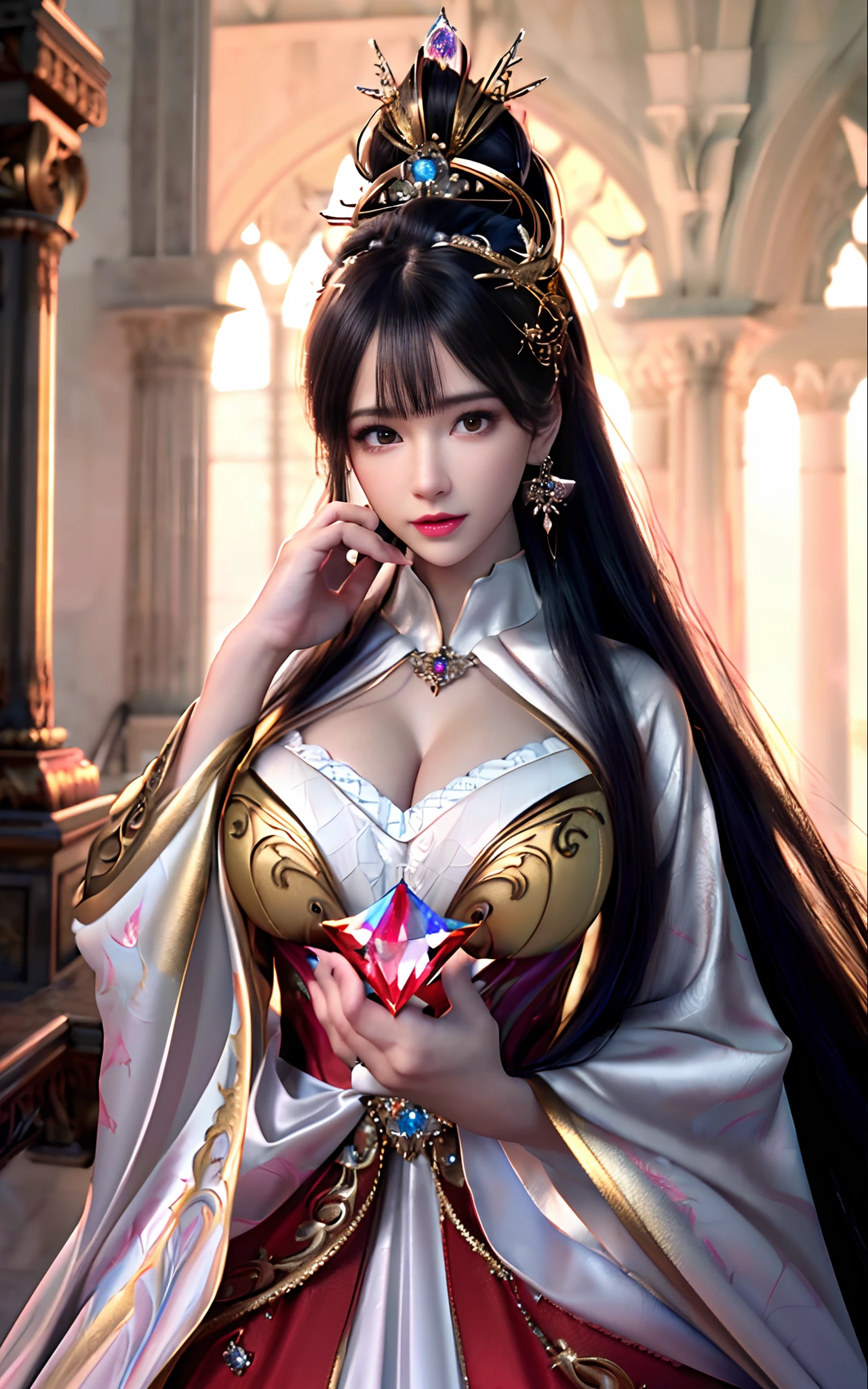 ((realisticity: 1.2)), ((realistic: 8K UHD)), ((best resolution: 8K UHD)), hyper detailed, best quality,masterpiece,highres,cg,
((1 hyper detailed and hyper realistic girl)), ((very beautiful queen dazzling, hyper realistic, and hyper detailed)),((white skin, beautiful, smooth, youthful, hyper realistic and hyper detailed
)), ((Hyper beautiful face, white, hyper realistic and hyper detailed)), long hair, ((hyper realistic and hyper detailed dress)), solo, ((hyper realistic, hyper beautiful, gorgeous and hyper detailed jewelry)), ((hyper beautiful, hyper realistic and hyper detailed dark red and golden yellow dress)),
((Hyper beautiful, hyper realistic, hyper detailed diamond filled earrings)),
((Hyper beautiful, hyper realistic and hyper detailed diamond filled hair ornament)), ((hyper beautiful upper body, hyper beautiful, hyper
realistic and hyper detailed)), ((big breasts: 2.5)),
((Hyper grand, hyper realistic and hyper detailed royal palace backgroun))
((Hyper beautiful, hyper beautiful, hyper realistic and hyper detailed hair bun)), ((hyper realistic and hyper detailed fingers and palms)), ((hyper beautiful, hyper realistic and hyper detailed blue hair)),
candid, Photograph, high resolution, 8k,Bokeh,