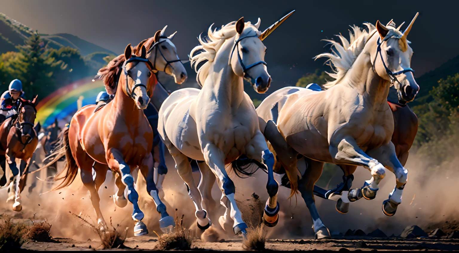 8 horses，1#cavalos，2#cavalos，3#cavalos，4#cavalos，5#cavalos，6#cavalos，7#cavalos，8#cavalos。The eight horses in the herd are clustered together and gallop across the grassland like clocks。Light-cast war horses from the High Heavens and nightmares from hell become the upper and lower ends of the main tone of the picture，Make the sky of the steppe brighter，The earth is deeper。The wind wings of the wind elf horse let its position be erratic，The mechanical horse is full of mecha beauty。Unicorns show their beauty in a rainbow neon light，On the side is the fairy dragon horse competing with it。The female knight is charging on her knightly warhorse，There is no doubt that she is the protagonist of this picture。There is also a horse from unknown territory mixed in，It has a weird style and chaotic colors that are almost unimaginable。Use the Latent couple plugin to make all eight horses have independent images，Some positions use stacking and nesting and perspective composition，Make the most of canvas space。With Midjourney's advanced brush tools and palettes and strokes, experiment with different models and materials to create a surreal look for your scene，Add complex textures and light and shadow effects to all your horses' looks，Add realism and surrealism，Emphasis is placed on the strength and speed of the horse。Use Midjourney's powerful tools，You can bring this magnificent and futuristic scene to life with incredible detail and beauty。 Large wide angle，Ultra-grand scenes，super wide shot， hdr，（真实感，Masterpiece quality，best qualtiy），