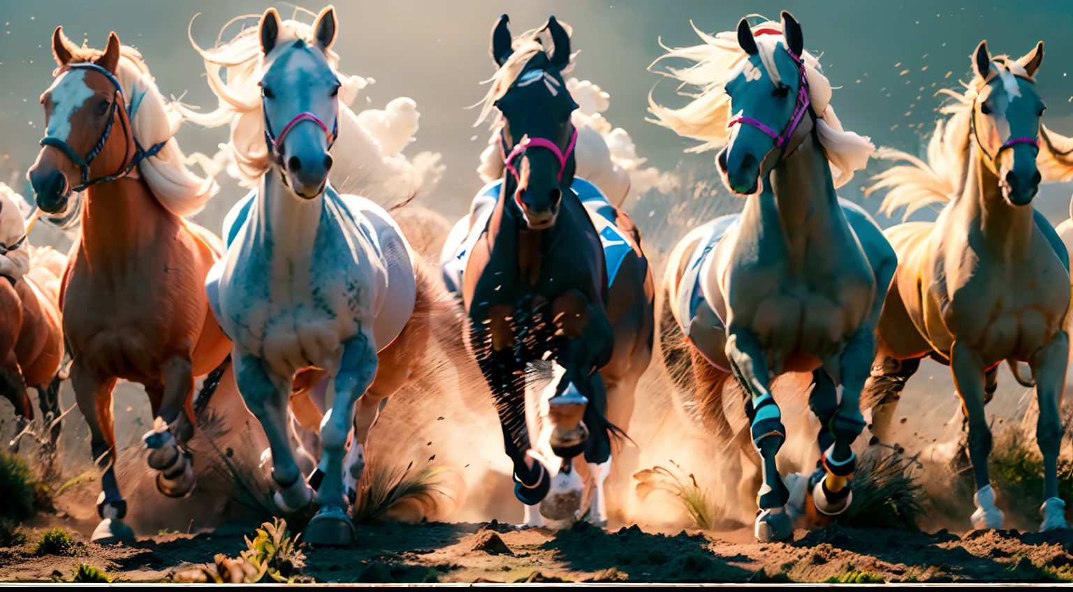 8 horses,1#cavalos,2#cavalos,3#cavalos,4#cavalos,5#cavalos,6#cavalos,7#cavalos,8#cavalos。The eight horses in the herd are clustered together and gallop across the grassland like clocks。Light-cast war horses from the High Heavens and nightmares from hell become the upper and lower ends of the main tone of the picture,Make the sky of the steppe brighter,The earth is deeper。The wind wings of the wind elf horse let its position be erratic,The mechanical horse is full of mecha beauty。Unicorns show their beauty in a rainbow neon light,On the side is the fairy dragon horse competing with it。The female knight is charging on her knightly warhorse,There is no doubt that she is the protagonist of this picture。There is also a horse from unknown territory mixed in,It has a weird style and chaotic colors that are almost unimaginable。Use the Latent couple plugin to make all eight horses have independent images,Some positions use stacking and nesting and perspective composition,Make the most of canvas space。With Midjourney's advanced brush tools and palettes and strokes, experiment with different models and materials to create a surreal look for your scene,Add complex textures and light and shadow effects to all your horses' looks,Add realism and surrealism,Emphasis is placed on the strength and speed of the horse。Use Midjourney's powerful tools,You can bring this magnificent and futuristic scene to life with incredible detail and beauty。 Large wide angle,Ultra-grand scenes,super wide shot, hdr,(真实感,Masterpiece quality,best qualtiy),