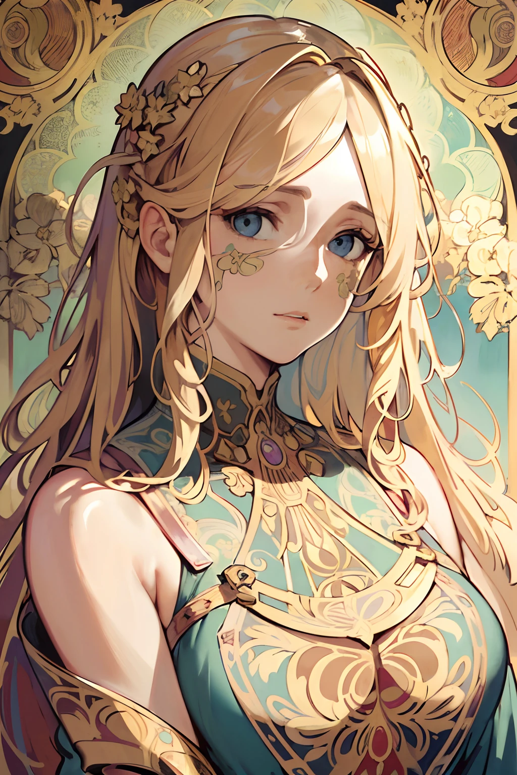 face portrait of a European female , long curly hair, blond, floral frame, Decorative panels, abstract
artistic, by Alphonse Mucha
(Masterpiece, Best Quality, Highres:1.4), Detailed, Intricate Details, 4K, color splashes, line art, fibonacci,
