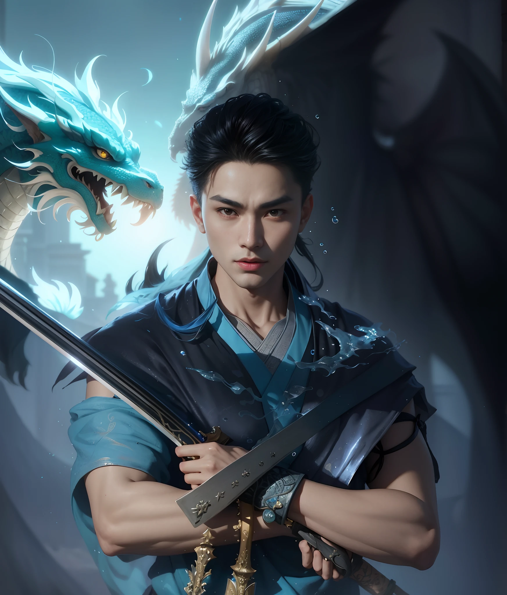 ((An oriental dragon is behind him))Image of Arafard wearing blue and holding a sword, young wan angel, fantasy character photo, xianxia hero, inspired by Li Gonglin, ruan jian, Fanart, pan ren wei, inspired by Du Jin, sword and wand – water, water bloom,ultra - detailed,inspired by Fan Kuan, yanjun cheng, inspired by Liang Kai