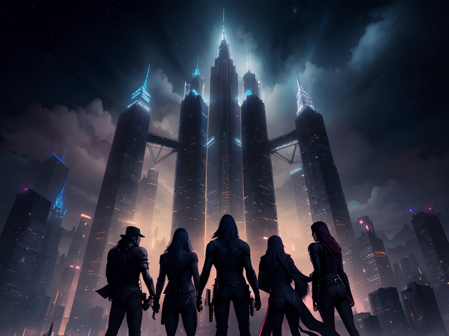 arafed image of a group of people standing in front of a city, stylized urban fantasy artwork, centralized urban fantasy, urban fantasy style, symmetric matte painting, urban fantasy setting, luminescent matte painting, cinematic photograph concept art, matte painting movie poster, cinematic neon matte painting, matte painting in fantasy style, urban fantasy, majestic matte painting