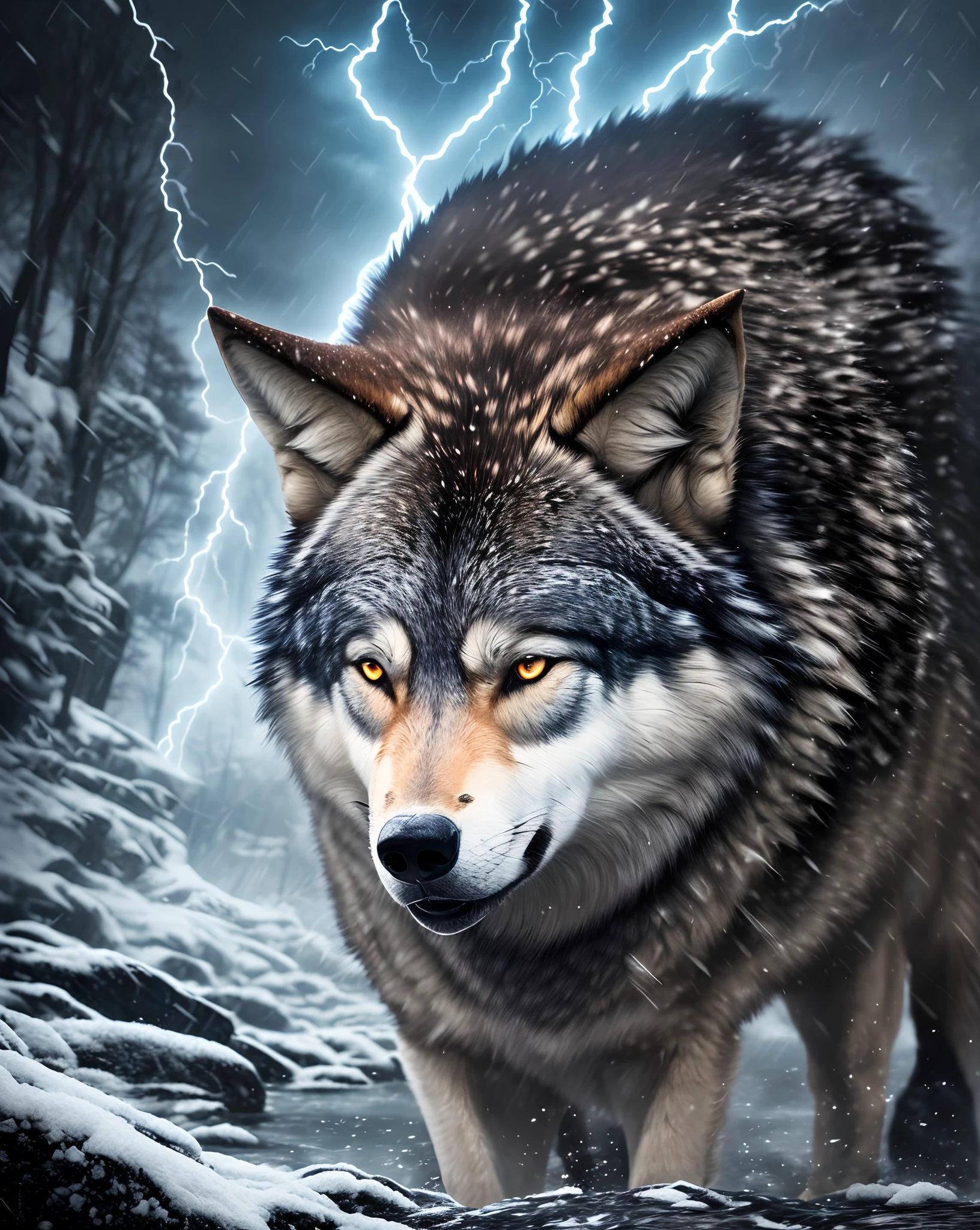 Wolf God, surreal, tense, cold, highly detailed, sharp, professional, 8k UHD, movie, dark, violent, outdoor, river, battle, chase, dramatic, vivid, tense atmosphere, rendering, epic, twilight, HDR, album cover, blizzard, lightning, disaster --s2