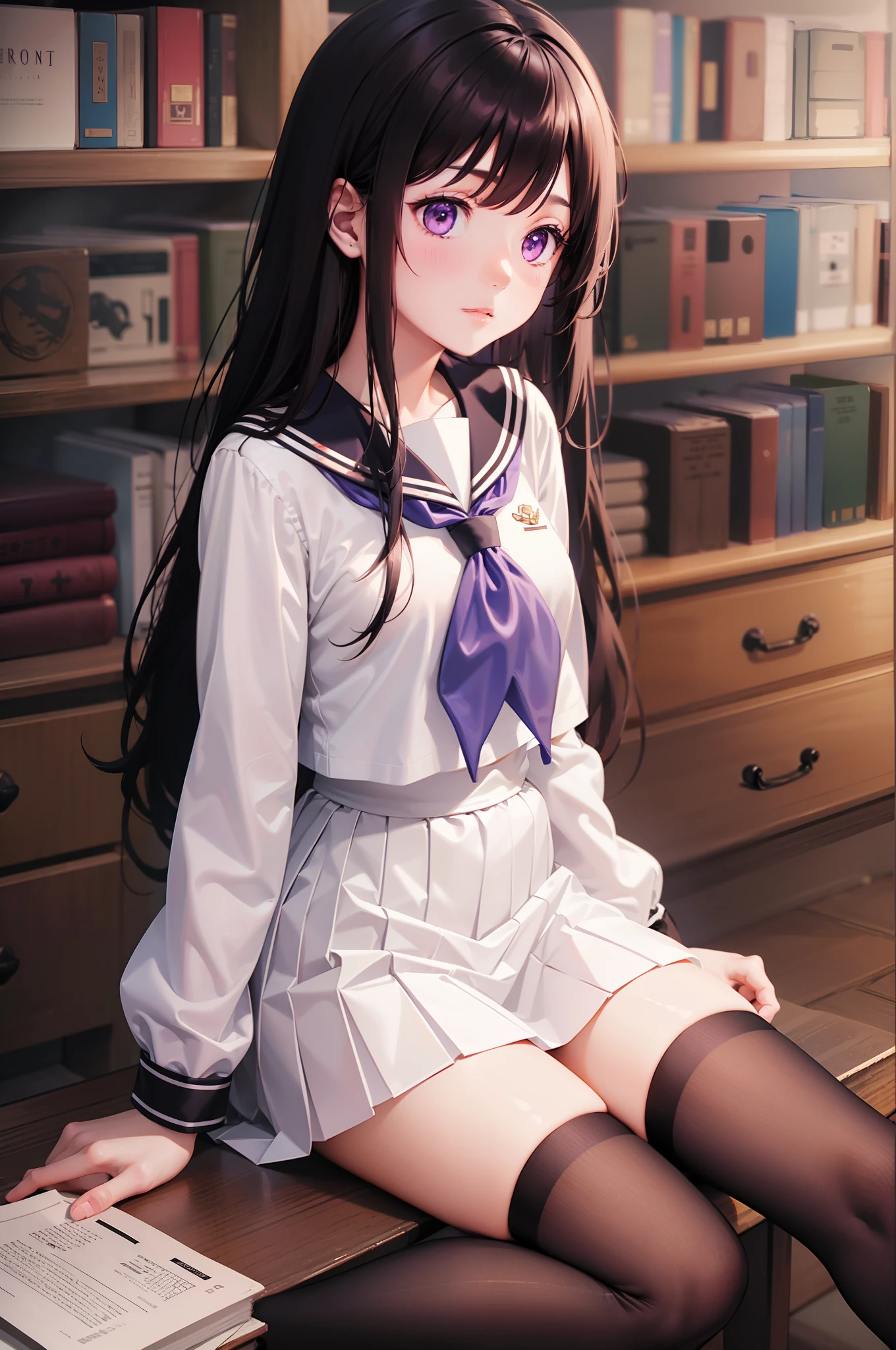 1girl in,Eru Sentanda, The long-haired, A dark-haired, student clothes, Purple Eye, White shirt, knee high, White socks, pleatedskirt, bangss, Black sailor color, neckerchief, Black skirt, long-sleeve, book library, sitted,