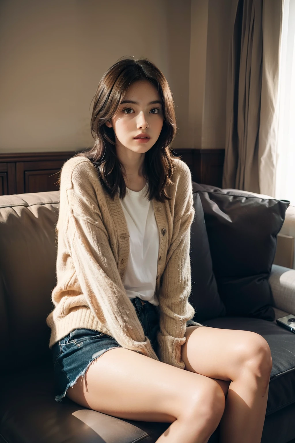 1girll,Sit on a comfortable sofa,Cross ed leg,Soft light