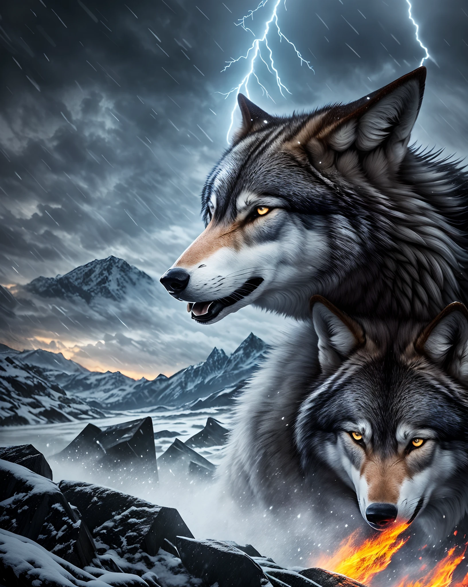 Wolf God, surreal, tense, cold, highly detailed, sharp, professional, 8k UHD, movie, dark, violent, outdoor, river, battle, chase, dramatic, vivid, tense atmosphere, rendering, epic, twilight, HDR, album cover, blizzard, lightning, disaster --s2