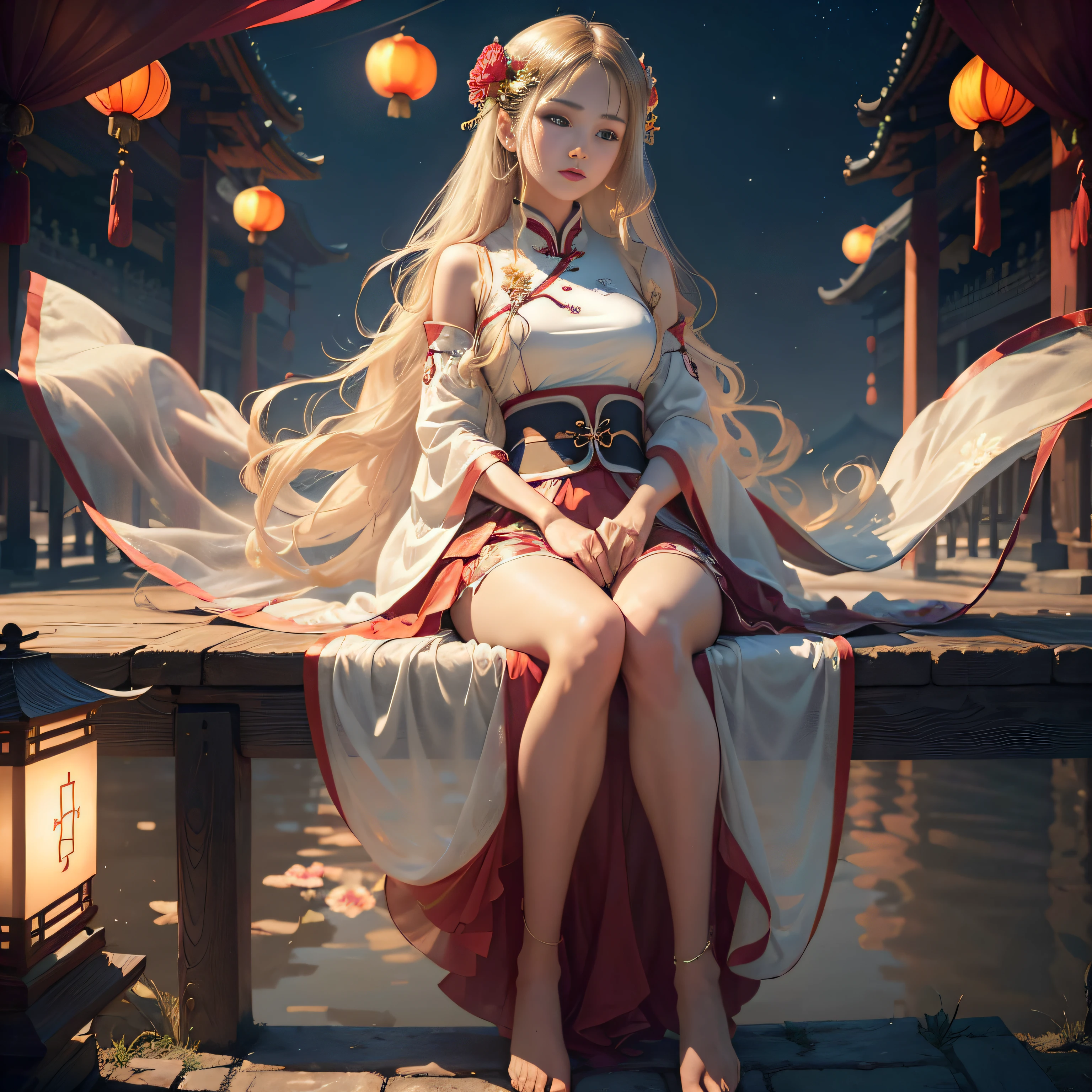 Sitting by the river. Flower lanterns. strong winds. (((The wind blows long hair and dresses: 1.6)). Long hair that reaches to the waist, Long hair flying: 1.5. Tulle translucent period costume, Don costume, Han clothing. Tulle translucent red skirt. The skirt is long. (((Night: 1.9))). Women, Smiling, full, Red tulle translucent Hanfu, Bare feet, silver trinkets, elegant, Lightweight, self-assured, Flower gestures, wisdom, Charming charm, purity, nobles, Artistry, Beauty, (Best quality), Masterpiece, high light, (Original), extremelydetailedwallpaper, (Original: 1.5), (Masterpiece: 1.3), (high resolution: 1.3), (Very detailed 32k wallpaper: 1.3), (Best quality), Highest image quality, exquisite CG, High quality, High completion rate, Depth of field, (1 girl: 1.5), (An extremely delicate and beautiful girl: 1.5), (Perfect full body detail: 1.5), Beautiful and delicate nose, Beautiful and delicate lips, Beautiful and delicate eyes, (Clear eyes: 1.3), Beautiful and delicate facial features, Beautiful and delicate face, Hand processing, Hand optimization, Hand detail optimization, Handmade details, Beautiful clothes down to the smallest detail, Complex details, extreme detail portrayal, hdr, Detailed background, Realistic, (Transparent photovoltaic rainbow color: 1.3),1girll,Girl,Chinese art,Super long legs,
is shy,Shy,Hanfukozue,Chinese clothes,Hanfu