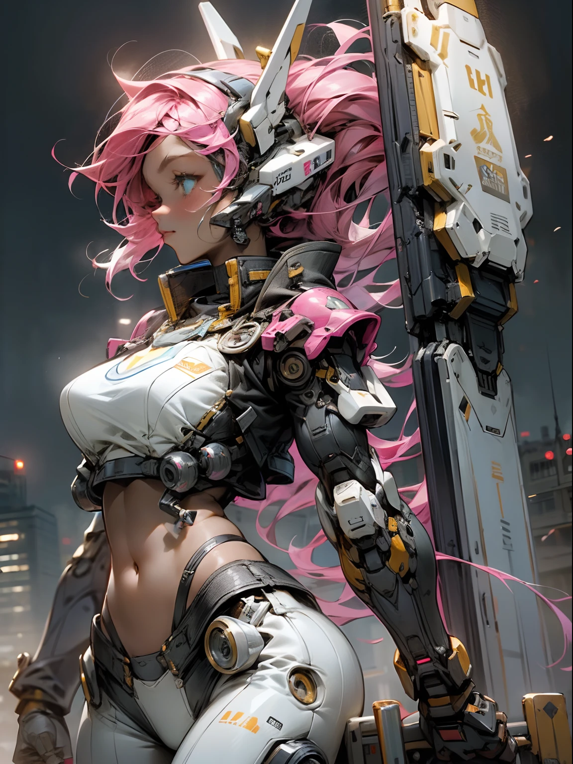 (Very good, professional, Surreal), Towering buildings rise from the ground,Form a magnificent landscape of the city of the future. in the center of Image, A huge and magnificent robot mech stands tall. Its pink metal shell glows, The delicate texture and intricate lines of the robot mech outline its high-tech figure. The robot mech is tall, Exudes unparalleled majesty and a sense of power. The robot mech has bright LED lights embedded in its shoulders, Shimmer in a variety of vivid colors, Like the bright stars of the city of the future. Its weapons are equipped with powerful energy weapons,Always ready to meet the challenge of battle. next to a robot, We saw an impressive ager. She wears a black leather jacket and tight black socks, Highlight your perfect figure. The texture of the black leather jacket contrasts with the metallic texture of the robot, showing a unique visual effect. The girl's firm and decisive eyes showed that she was fearless (the girl is in good shape, Wear leather clothing, show navel, Large of breast,dark-skin,Dark face details)