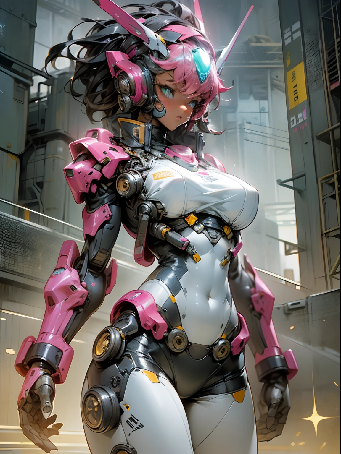 (Very good, professional, Surreal), Towering buildings rise from the ground，Form a magnificent landscape of the city of the future. in the center of Image, A huge and magnificent robot mech stands tall. Its pink metal shell glows, The delicate texture and intricate lines of the robot mech outline its high-tech figure. The robot mech is tall, Exudes unparalleled majesty and a sense of power. The robot mech has bright LED lights embedded in its shoulders, Shimmer in a variety of vivid colors, Like the bright stars of the city of the future. Its weapons are equipped with powerful energy weapons，Always ready to meet the challenge of battle. next to a robot, We saw an impressive teenager. She wears a black leather jacket and tight black socks, Highlight your perfect figure. The texture of the black leather jacket contrasts with the metallic texture of the robot, showing a unique visual effect. The girl's firm and decisive eyes showed that she was fearless (the girl is in good shape, Wear leather clothing, show navel, Large of breast，dark-skin，Dark face details)