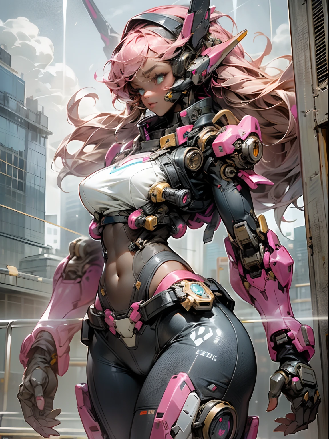 (Very good, professional, Surreal), Towering buildings rise from the ground，Form a magnificent landscape of the city of the future. in the center of Image, A huge and magnificent robot mech stands tall. Its pink metal shell glows, The delicate texture and intricate lines of the robot mech outline its high-tech figure. The robot mech is tall, Exudes unparalleled majesty and a sense of power. The robot mech has bright LED lights embedded in its shoulders, Shimmer in a variety of vivid colors, Like the bright stars of the city of the future. Its weapons are equipped with powerful energy weapons，Always ready to meet the challenge of battle. next to a robot, We saw an impressive ager. She wears a black leather jacket and tight black socks, Highlight your perfect figure. The texture of the black leather jacket contrasts with the metallic texture of the robot, showing a unique visual effect. The girl's firm and decisive eyes showed that she was fearless (the girl is in good shape, Wear leather clothing, show navel, Large of breast，dark-skin，Dark face details)