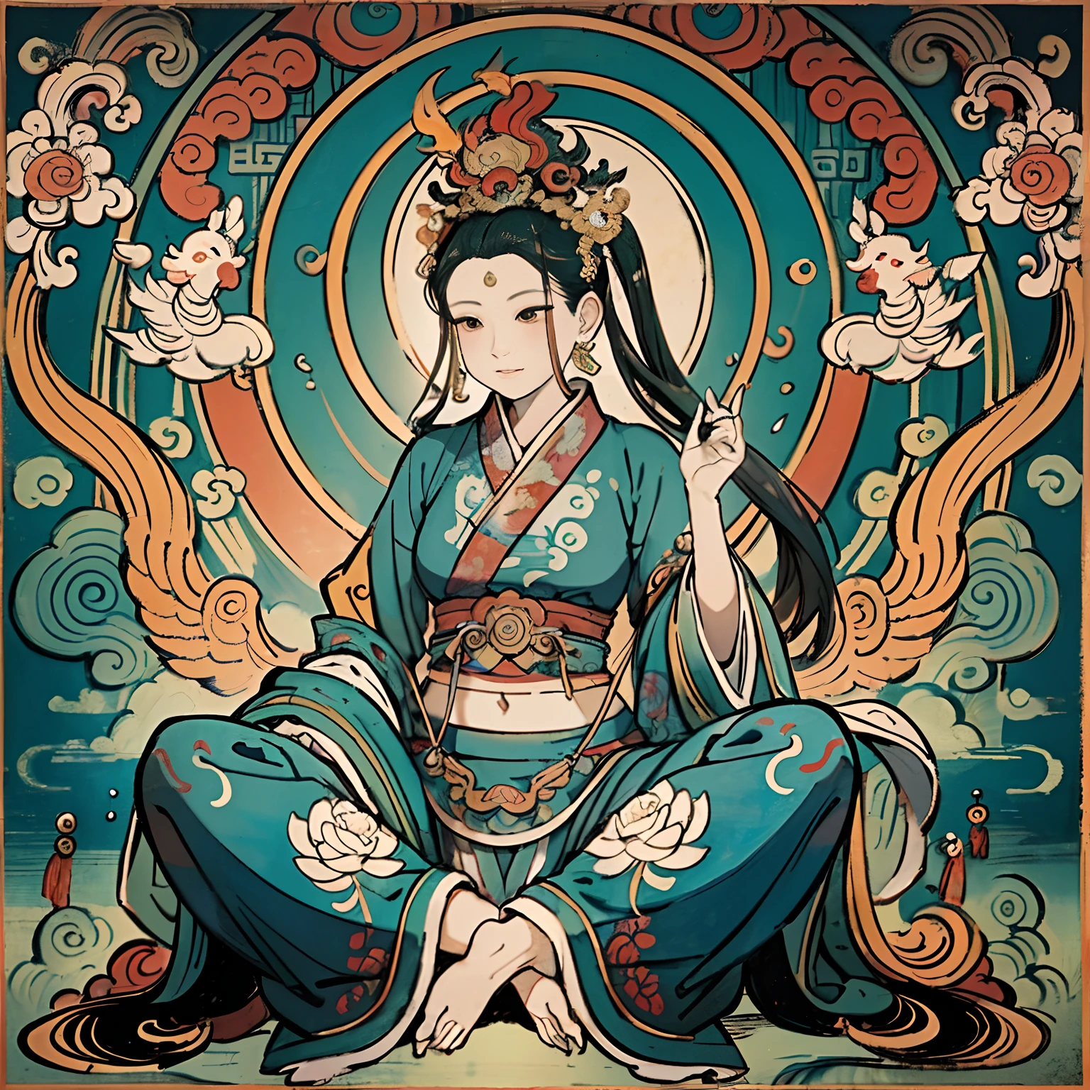 an ancient Chinese goddess, guanyin of the southern seas, Guanyin, Inspired by India, Avalokiteshvara rides a phoenix,,Serene expression,shui mo hua,Buddha,Buddhist,Lotus,Chinese painting style,Thangka style