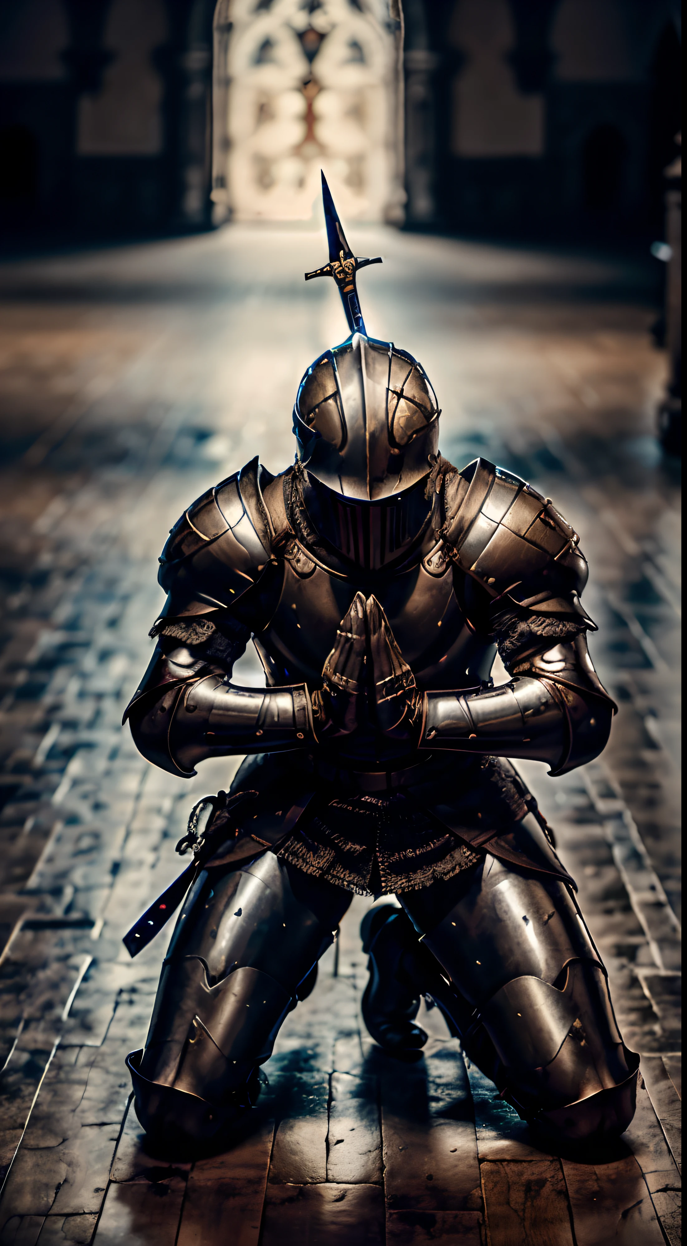 Kneeling knight praying looking up at the sky, sword nailed to the ground and background blurred (obra-prima) (8k high resolution) (melhor qualidade) (Ultra Definition) (Ultra realista)(Foto RAW) (Foto realista) (bright illumination)
