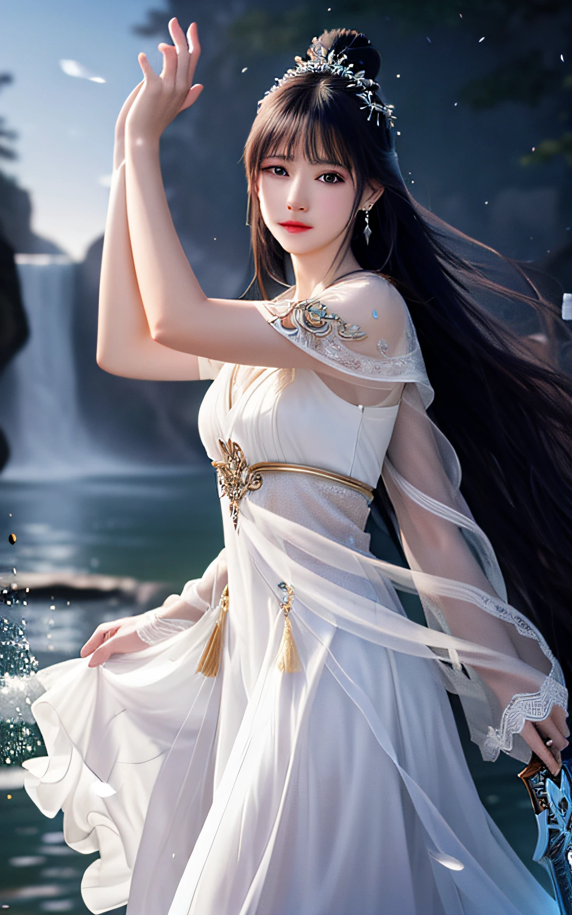 best quality,masterpiece,highres,cg,
1girl,weapon,sword,long hair,dress,water,solo,jewelry,white dress,earrings,hair ornament,splashing,upper body,hair bun,black hair,
lighting,candid,Photograph,high resolution,4k,8k,Bokeh,