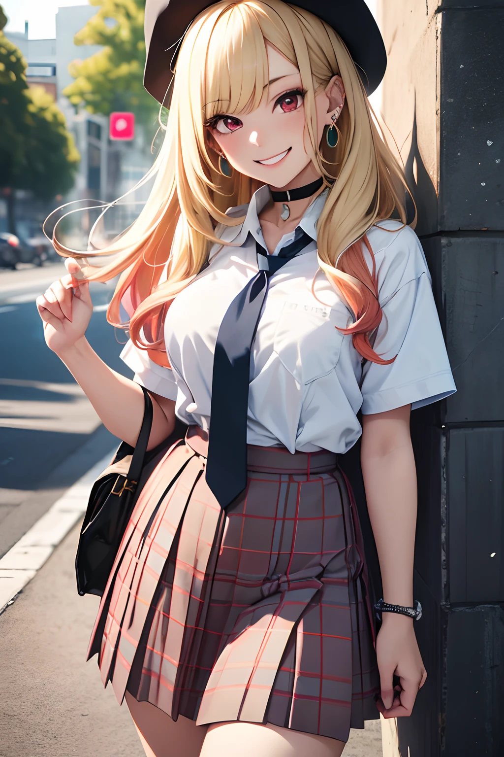 masterpiece, best quality, highres, kitagawa marin, 1girl, blonde hair, long hair, multicolored hair, red eyes, jewelry, earrings, piercing, school uniform, white shirt, tied shirt, black choker, blue necktie, plaid skirt, grin, smile, standing, cowboy shot, outdoors,