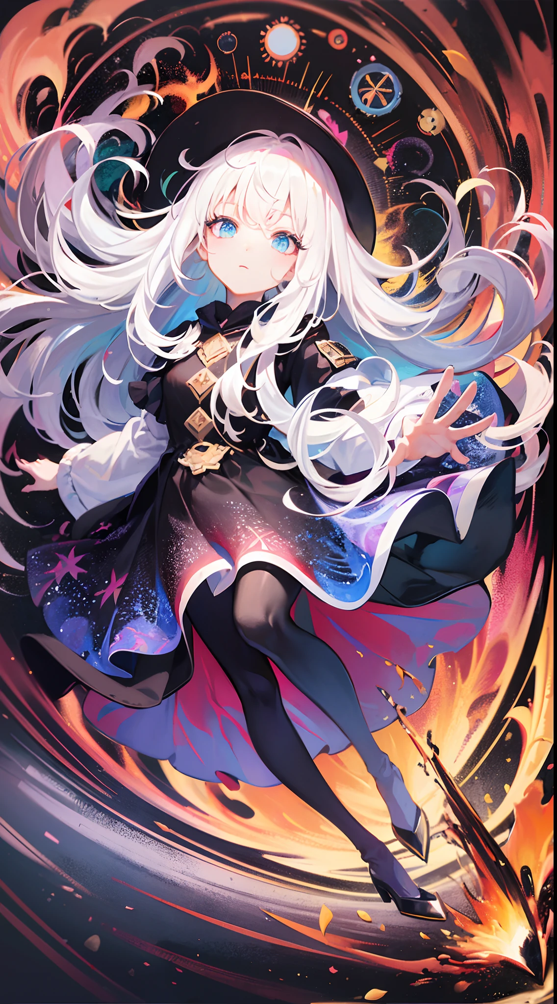[(white background:1.5)::5], (imid shot:0.95), (full body:1.25), Dynamic angle, [Bottle bottom],(fisheye:1.4), (falt color:1.3),colorful,(masterpiece:1,2), best quality,extremely detailed cg 8k wallpaper,best quality, masterpiece, highres, original, extremely detailed wallpaper
,girl,upper body,(depth of field),(looking away), delicate eyes,(colorful hair),sea,dynamic_angle,
floating colorful wind,floating colorful fire，（black pantyhose），（white hair），witch