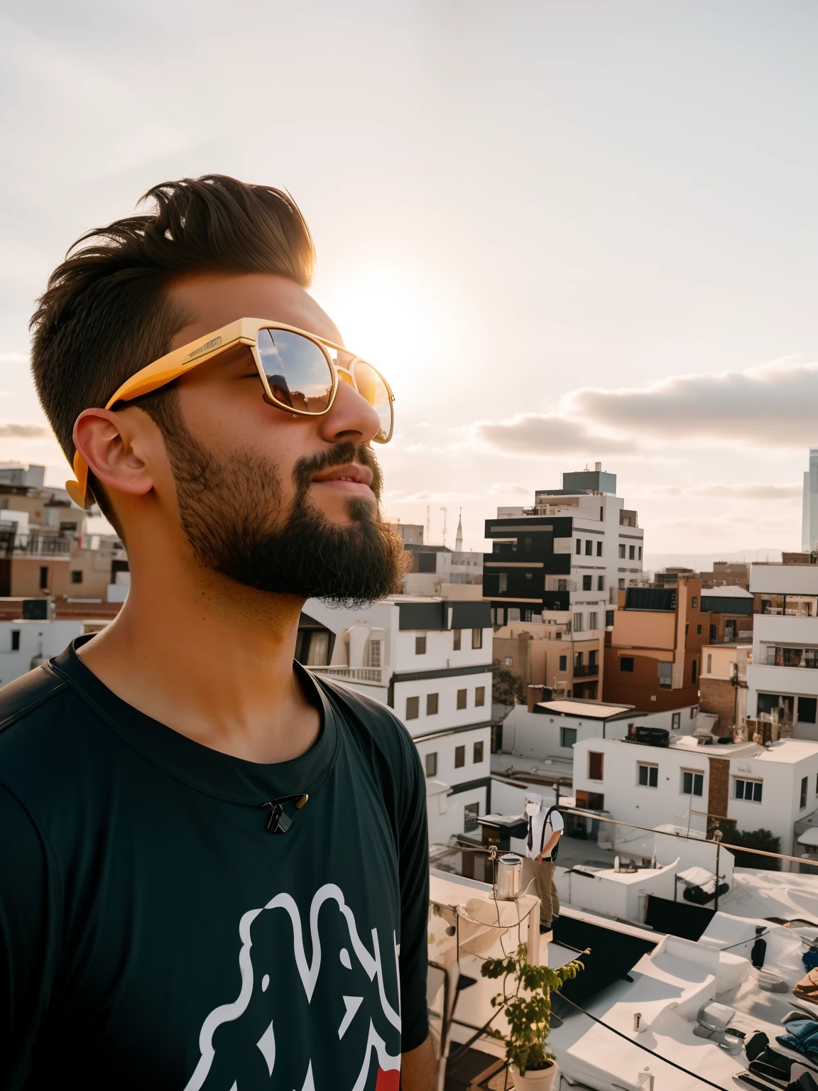 there is a man with a beard and sunglasses standing on a roof, shot on nikon z9, shot on sony a 7 iii, wideangle portrait, shot with premium dslr camera, portrait mode photo, with a city in the background, wide - angle portrait, looking away from the camera, shot on canon eos r5, shot on canon eos r 5