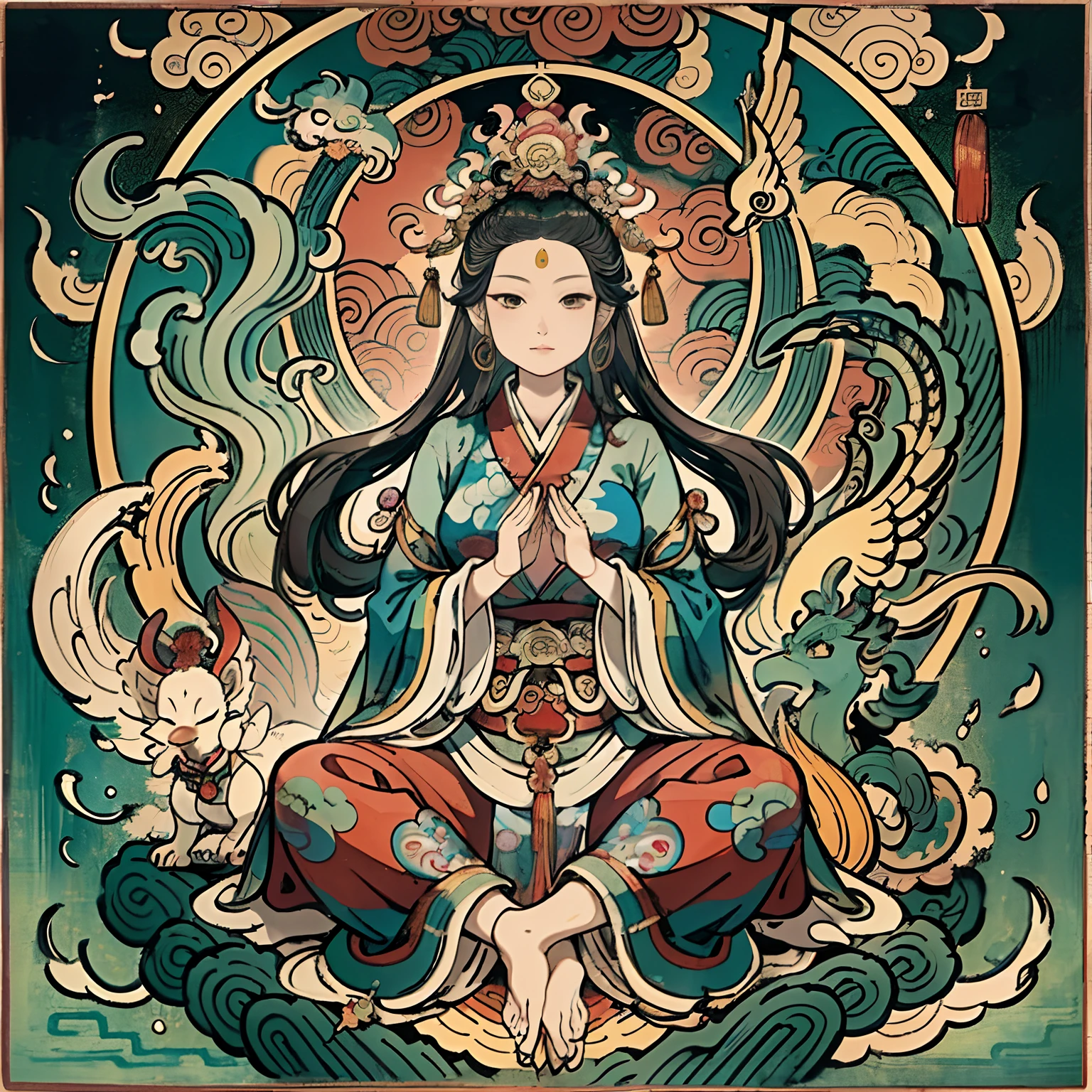 an ancient Chinese goddess, guanyin of the southern seas, Guanyin, Inspired by India, Avalokiteshvara rides a phoenix，,Serene expression,shui mo hua,Buddha,Buddhist,Lotus,Chinese painting style,Thangka style