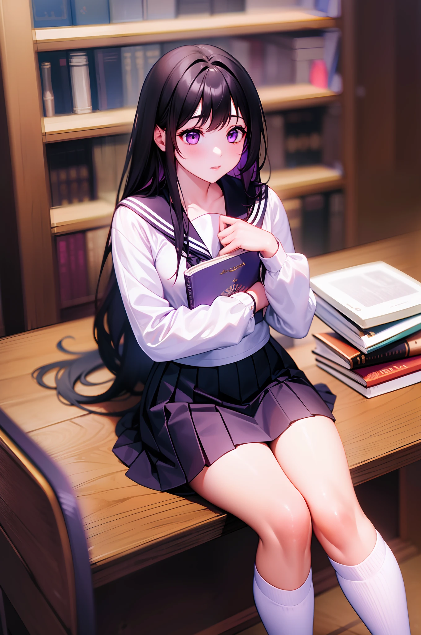 1girl in,Eru Sentanda, The long-haired, A dark-haired, student clothes, Purple Eye, White shirt, knee high, White socks, pleatedskirt, bangss, Black sailor color, neckerchief, Black skirt, long-sleeve, book library, sitted,