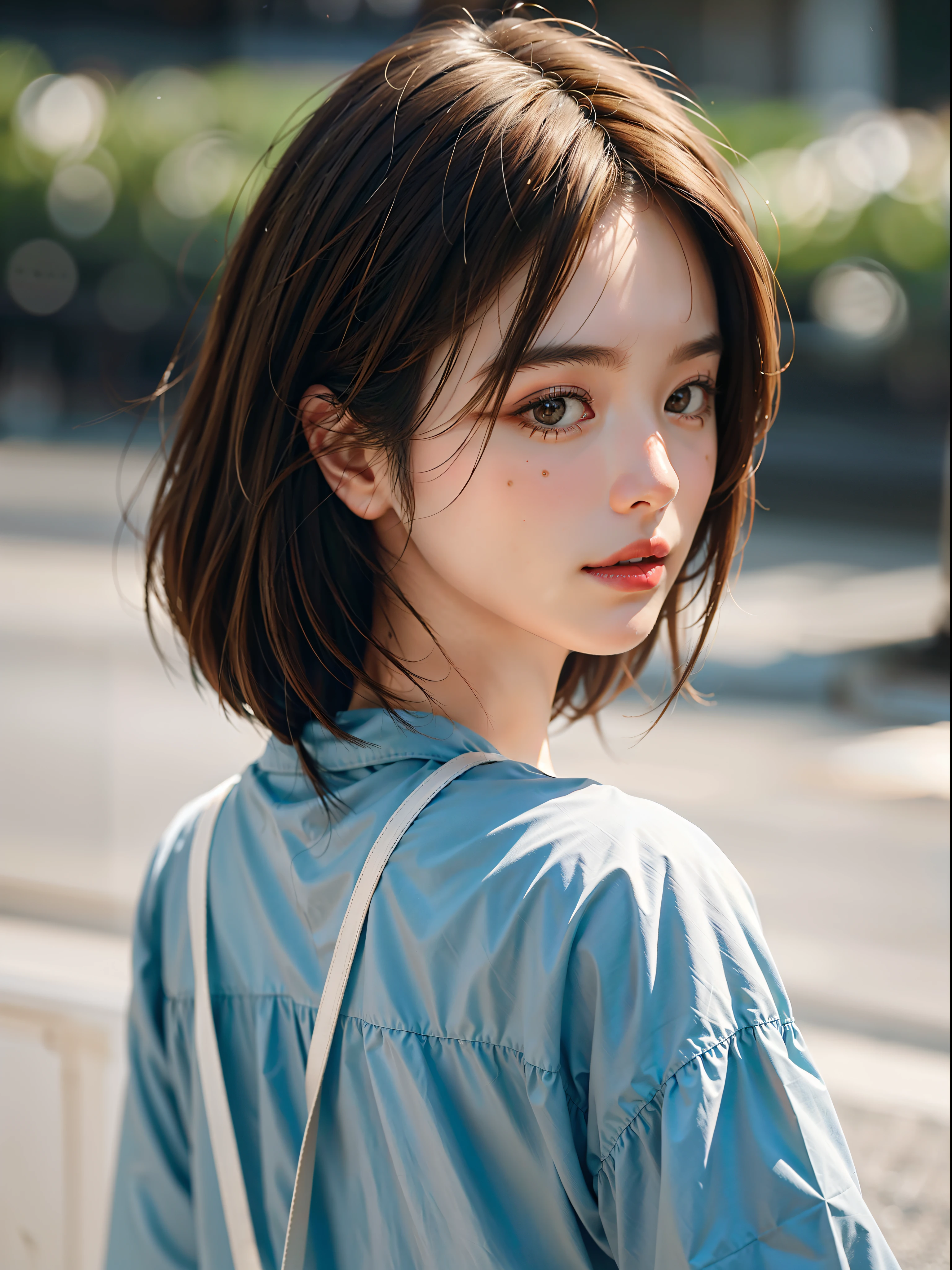 (photorealistic:1.4), (best quality:1.0), (ultra highres:1.0), 8k, RAW photo, (masterpiece:0.2), portrait, face, girl with beautiful and cute brown hair, graceful, hand holding hair, Korean girl,Picture taken from behind the body.