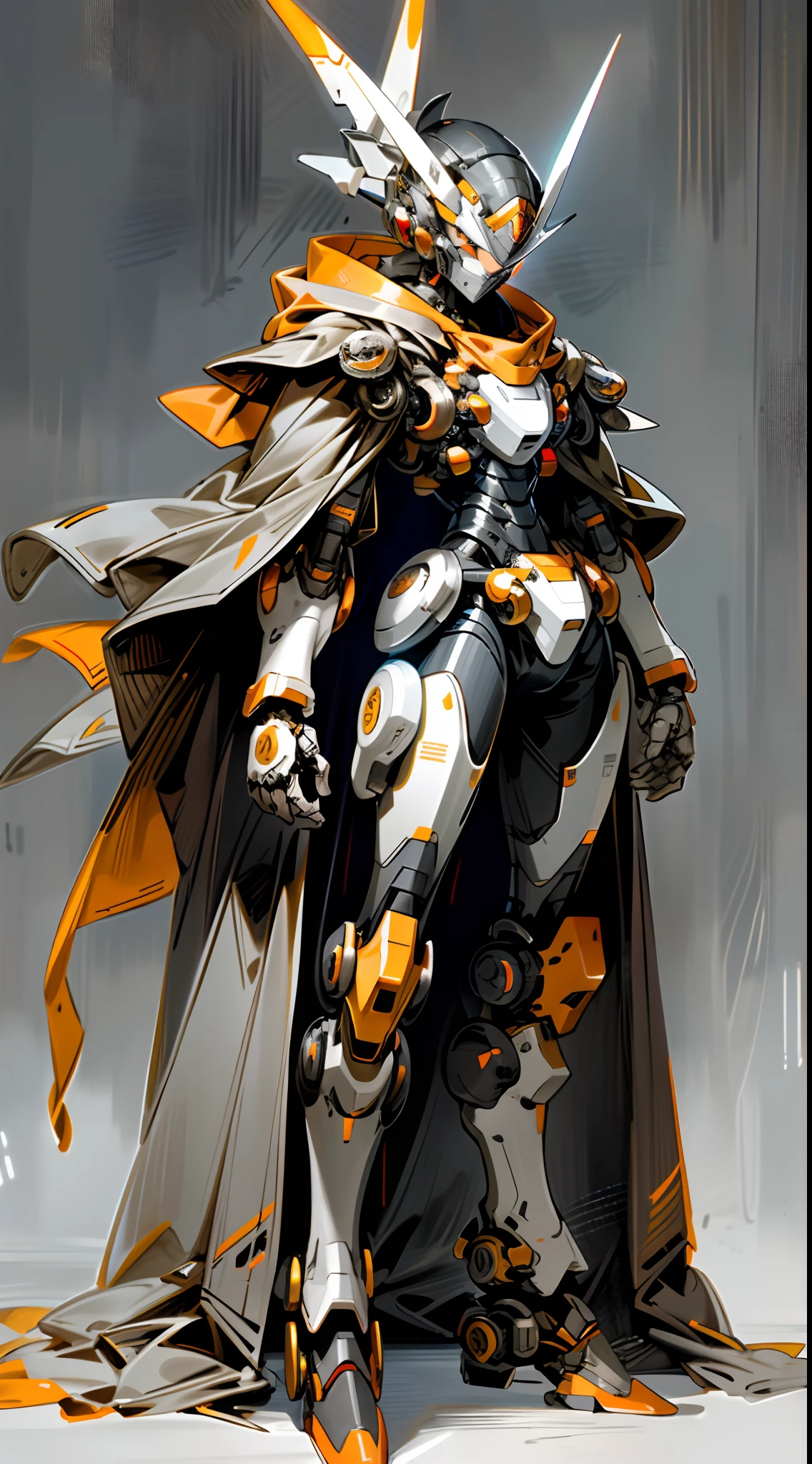 Dark_Fantasy,cyber punk perssonage,(The prototype of Mega Man,Red and gray armor,Fluttering yellow cloak,shelmet,:1.1),1人,Mechanical Wonder,Robotic presence,cybernetic guardians,Boosters,whole body display
