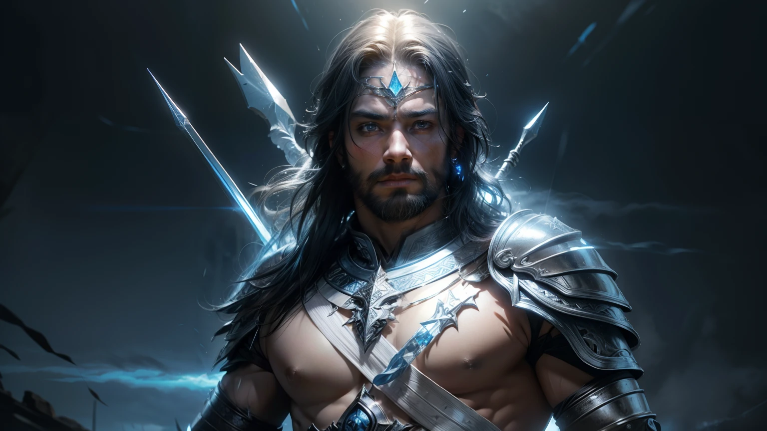 a handsome (traditional) (white skin) warrior hold a ((blue or glass)) bow and arrows, (heavy bow), wearing a perfect fit armor, silver glowing armor, ((luminous armor)) and traditional white (dhoti). full body portrait in a (warfield) many warriors dead in background. ((Long : 0.3)) black hair. Looming ((blue lighting)) sky thundering and white smoke around him. bow on him back, realistic face, uhd ,4k details