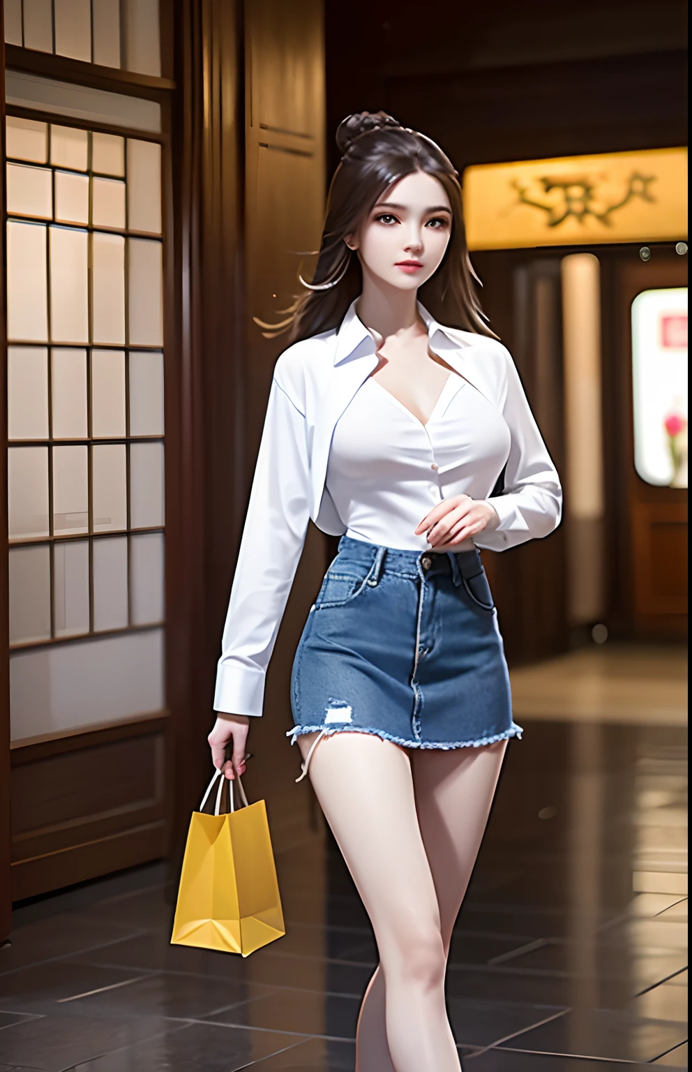 ((dark light, Top Quality, 8k, Masterpiece:1.3)), (Focus:1.2), (in a shopping mall, in China, casual theme, indoor:1.5), (Beauty with slender abs:1.4), ((Layered Haircut, small breast:1.2)), (look through white open shirt:1.6), {no bra:1.5}, (soft clothes, short denim skirt:1.3), Highly detailed face and skin texture, Fine eyes, Double eyelids, whitening skin, (full body:1.4),{holding breast:1.2}