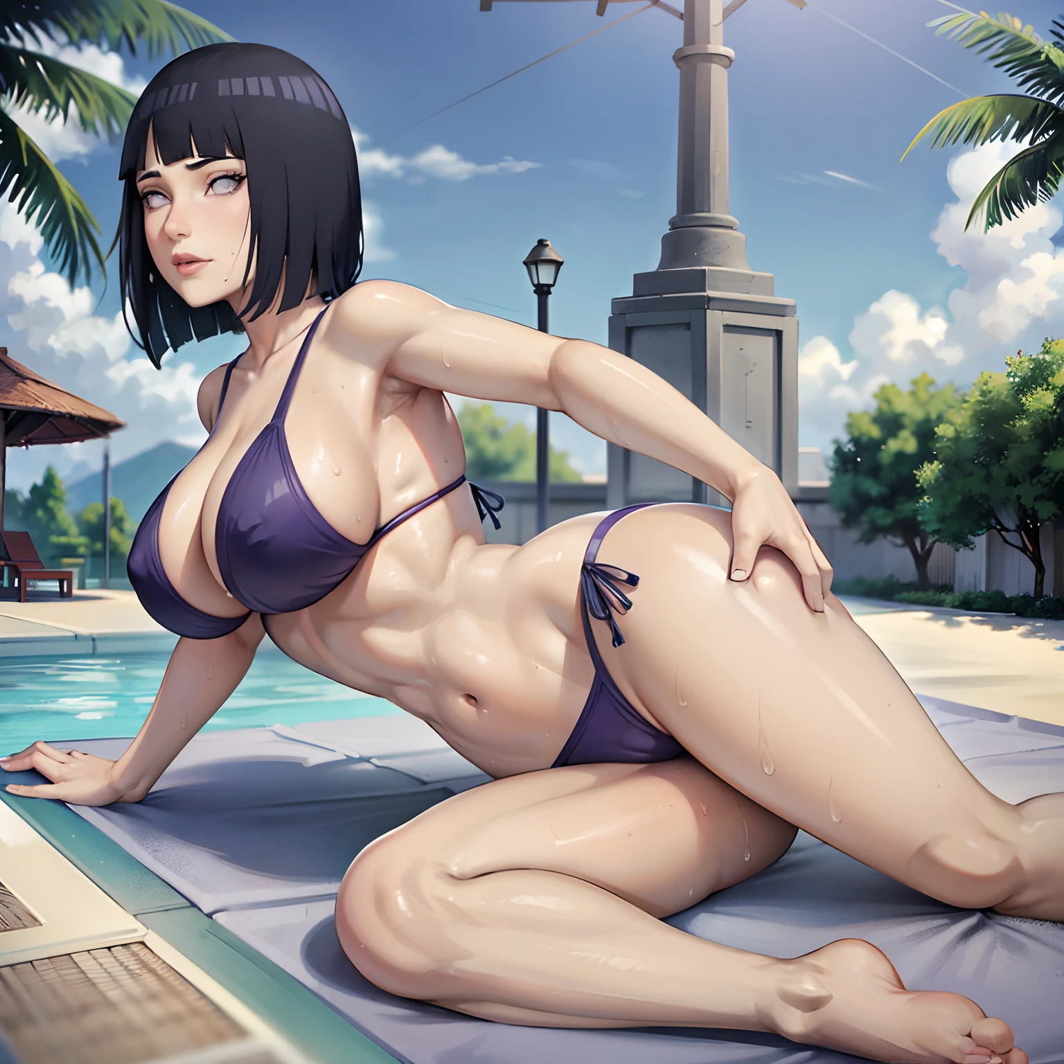 Hinata,1girl,solamente, Beautiful, muslos de thicc, pechos enormes, Wearing purple gradient bikini, en piscina,ojos puros, Alumnos realistas, Ojo altamente detallado, Perfect anatomy, good anatomy, Good Composition, Axilas, sweating, Mom, Milf, muslos de thicc, lubricant in the groin area of the skin, piel grasa, axilas rojas, sweat armpits,gran trasero,Looking back